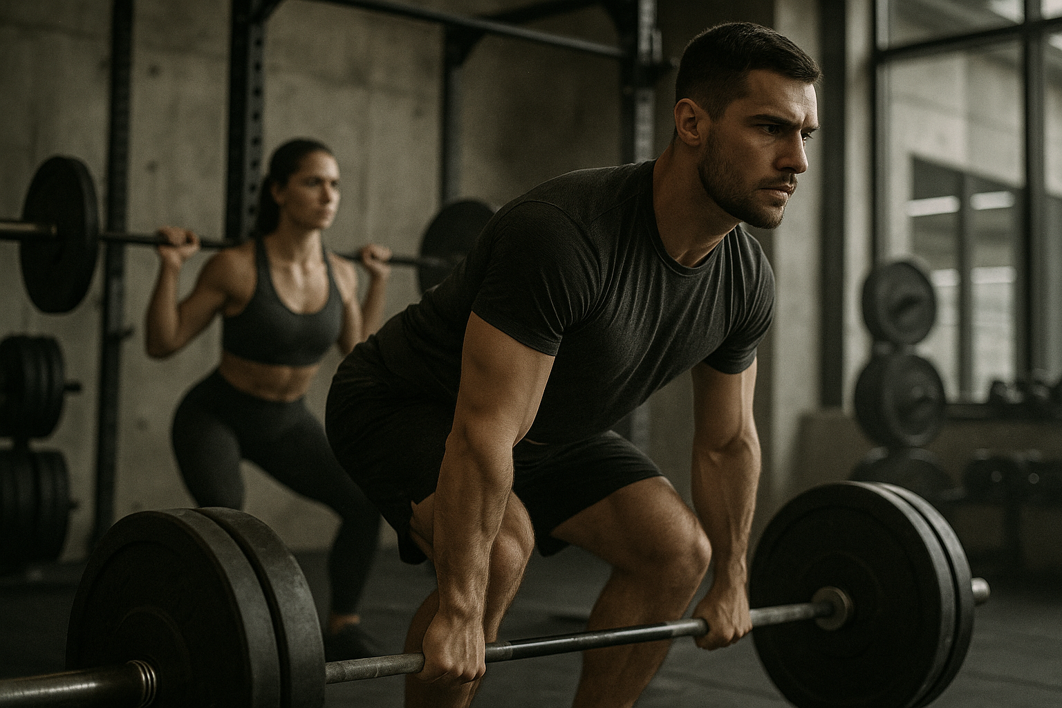 Zwei Sportler im Fitnessstudio führen Grundübungen für den Muskelaufbau aus – der Mann beim Kreuzheben, die Frau bei Kniebeugen mit der Langhantel.