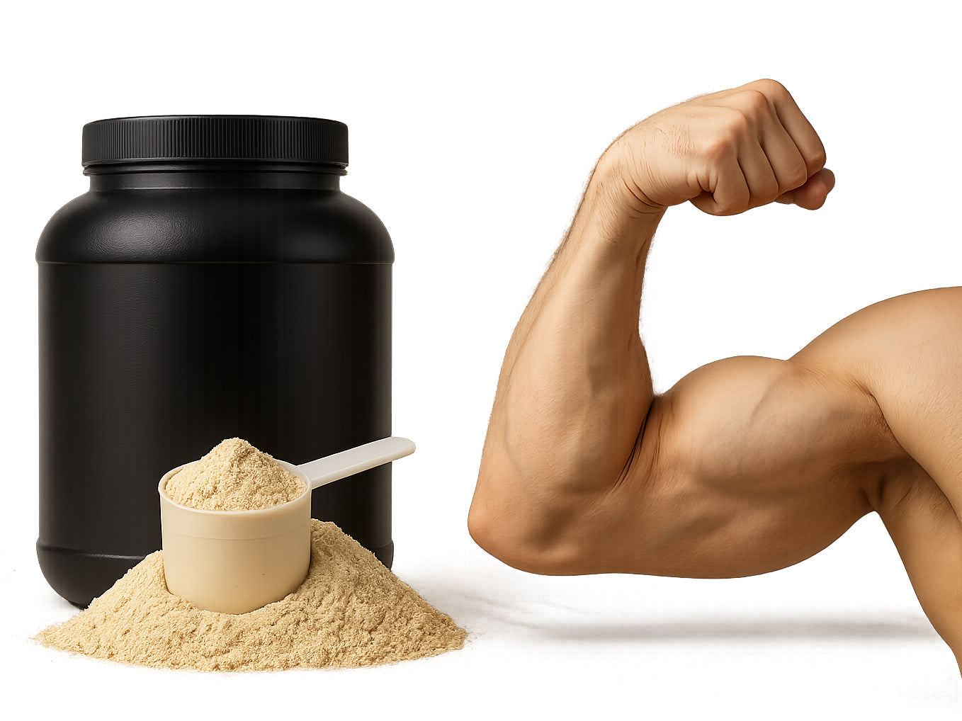 No Name Proteinpulver Verpackung und daneben ein muskuöser Bizeps