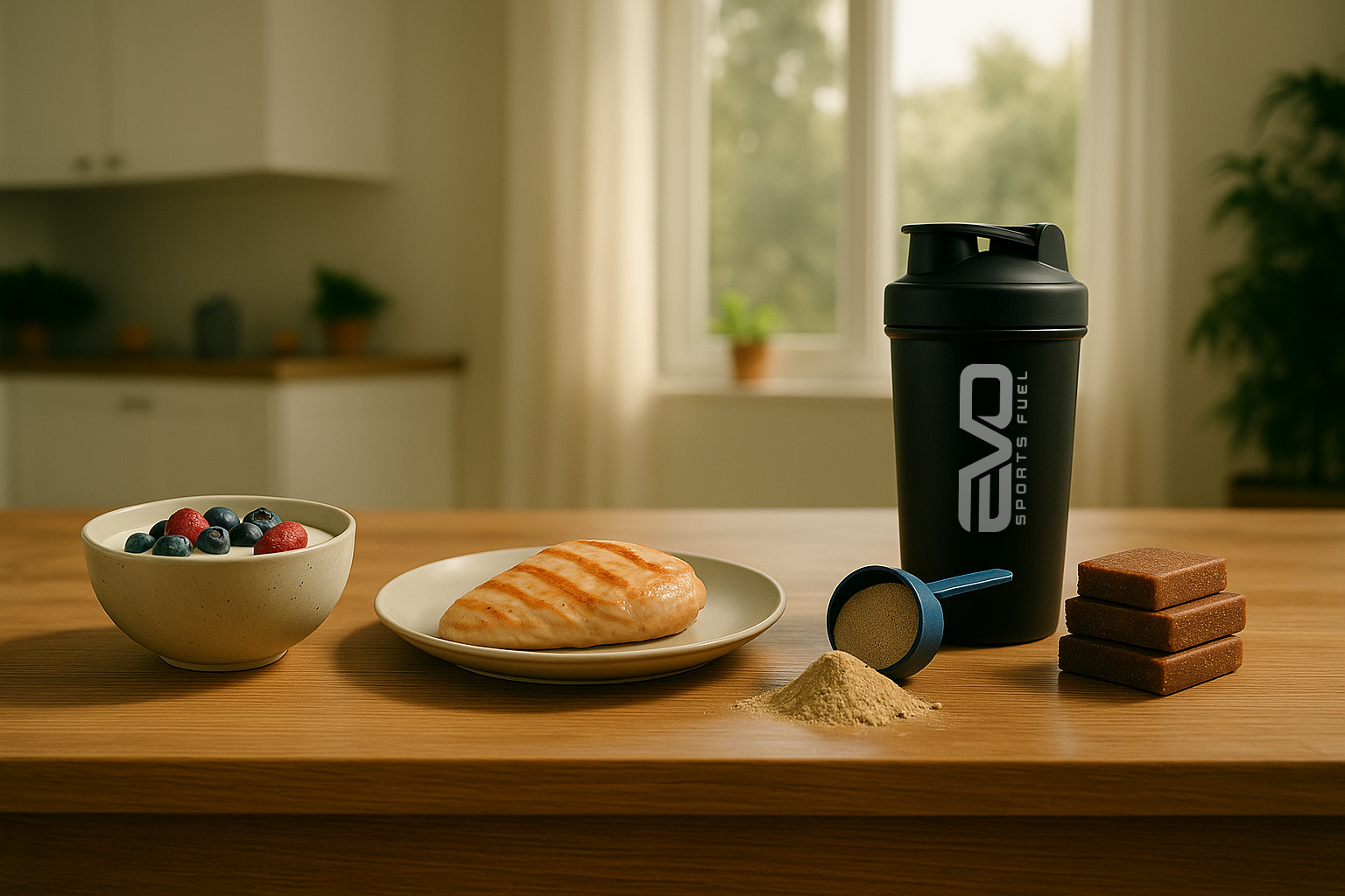 Proteinreiche Lebensmittel für den Muskelaufbau: Schüssel mit Joghurt und Beeren, gegrillte Hähnchenbrust, Proteinpulver mit Shake und Proteinriegel auf Holztisch.