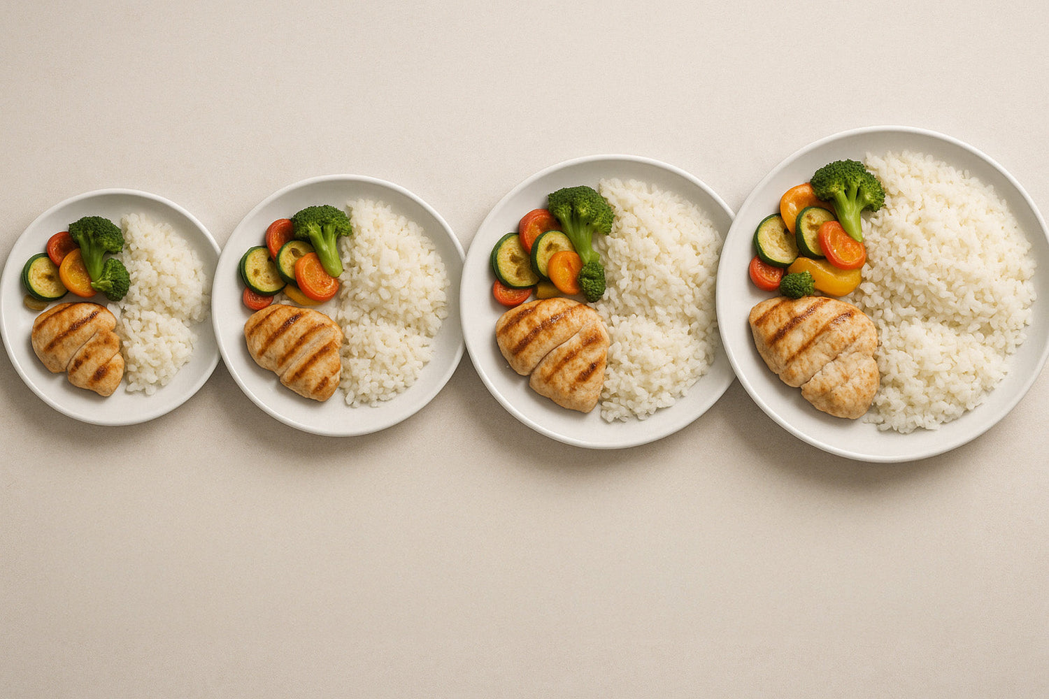 Vier Teller mit einer ausgewogenen Mahlzeit bestehend aus Hähnchen Gemüse und Reis. Von Links nach Rechts werden sie größer.