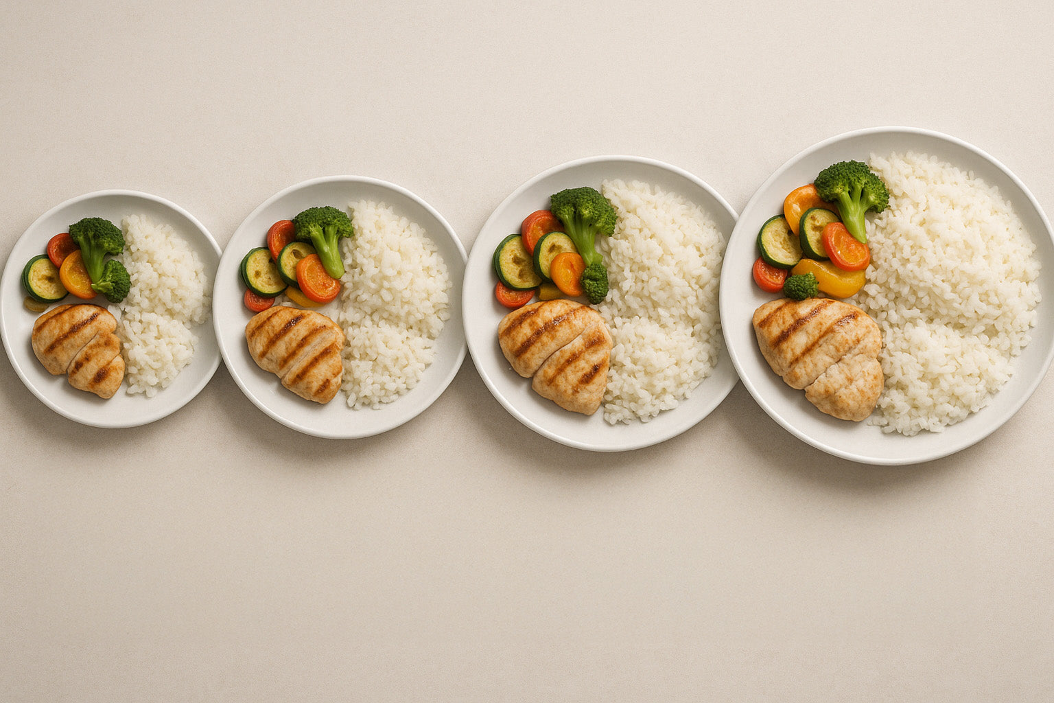 Vier Teller mit einer ausgewogenen Mahlzeit bestehend aus Hähnchen Gemüse und Reis. Von Links nach Rechts werden sie größer.