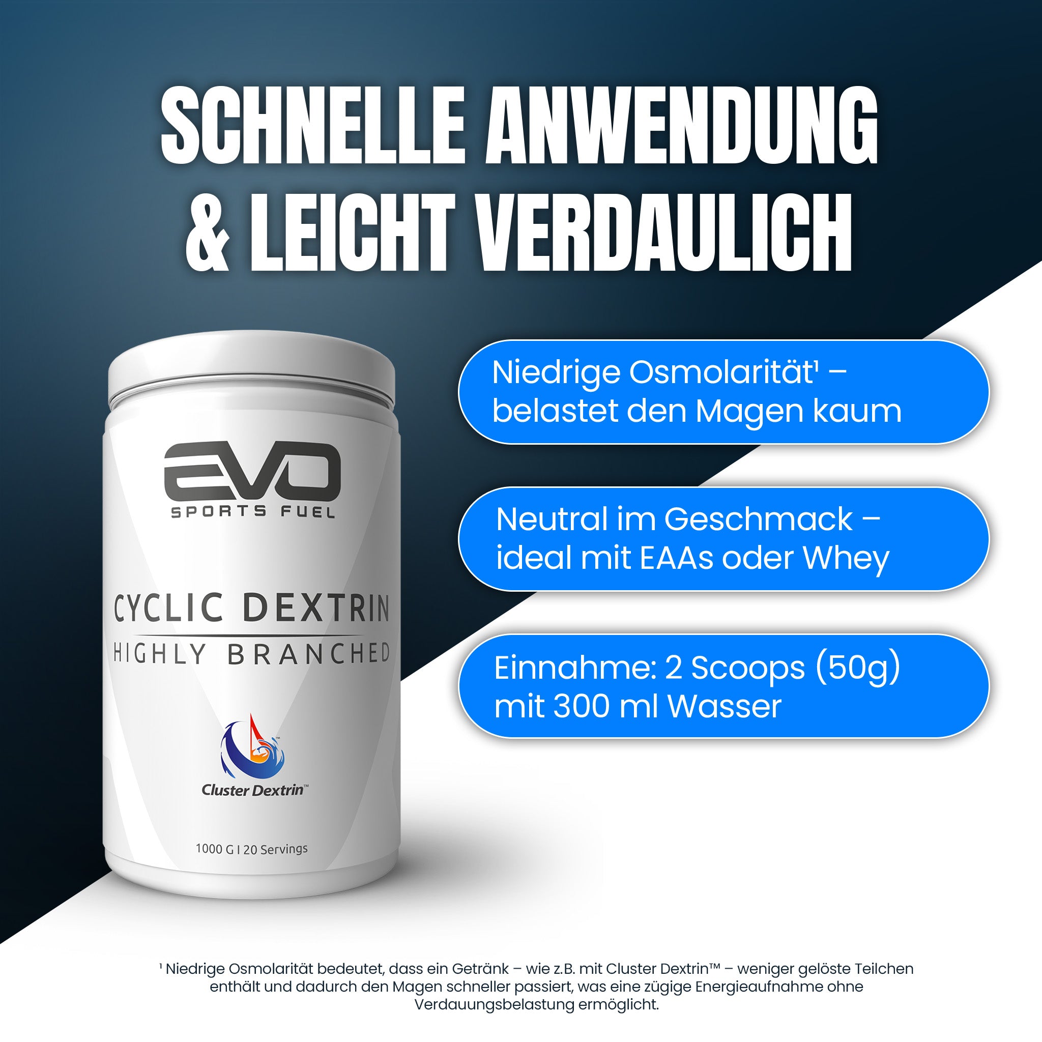 Cluster Dextrin belastet den Magen nicht. Zwei Scoops vor, während oder nach dem Training