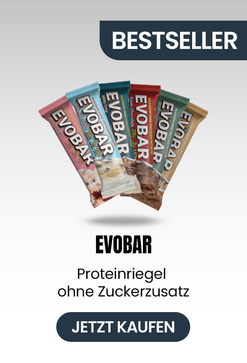 Fünf Sorten der EVOBAR Proteinriegel in bunter Verpackung, angeordnet als Fächer. Text: Bestseller – EVOBAR Proteinriegel ohne Zuckerzusatz. Call-to-Action-Button: Jetzt kaufen.