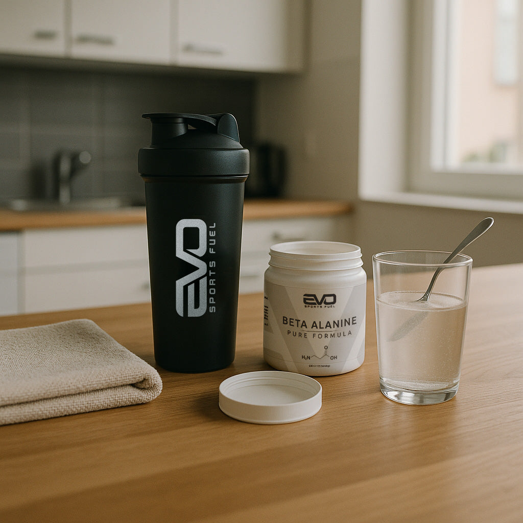 Ein EVO SPORTS FUEL Shaker, eine geöffnete Dose Beta Alanine Pulver und ein Glas Wasser mit Löffel stehen auf einem Holztisch in einer hellen, aufgeräumten Küche. Die Szene wirkt ruhig, klar und vorbereitet auf den Trainingsstart.