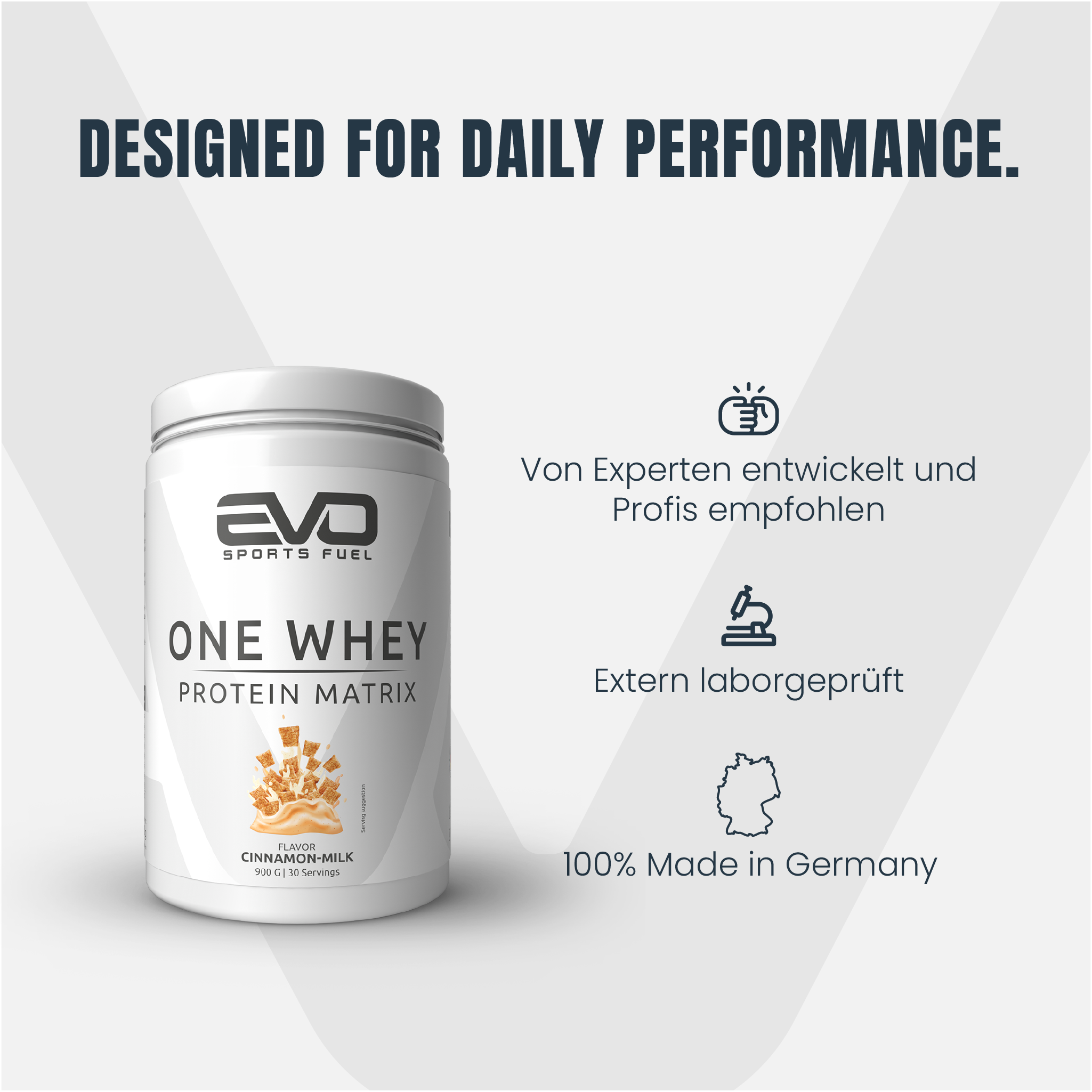 EVO One Whey wurde von Experten entwickelt, wird extern laborgeprüft und ist 100 % Made in Germany