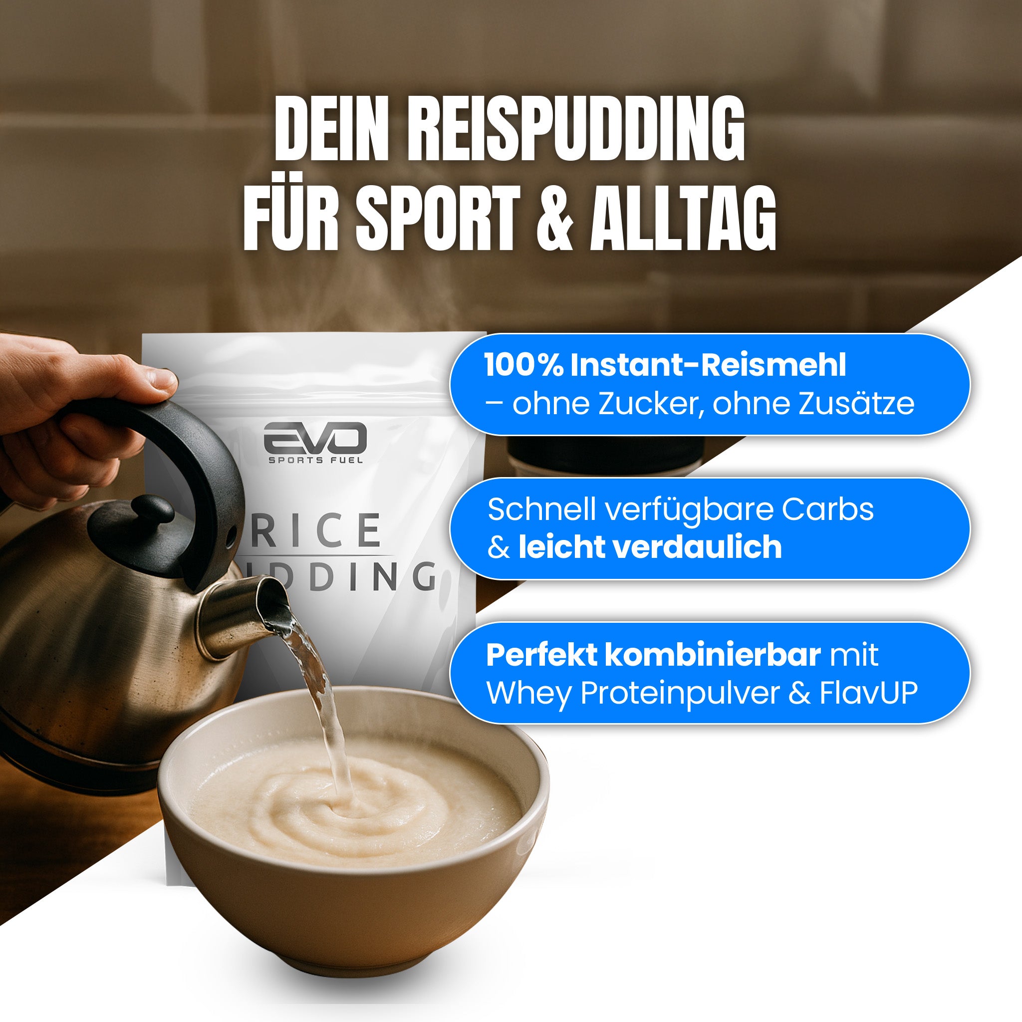 Reispudding aus Instant-Reismehl wird mit heißem Wasser aufgegossen. Darstellung des Produkts für sportliche Ernährung und schnelle Zubereitung vor dem Training.