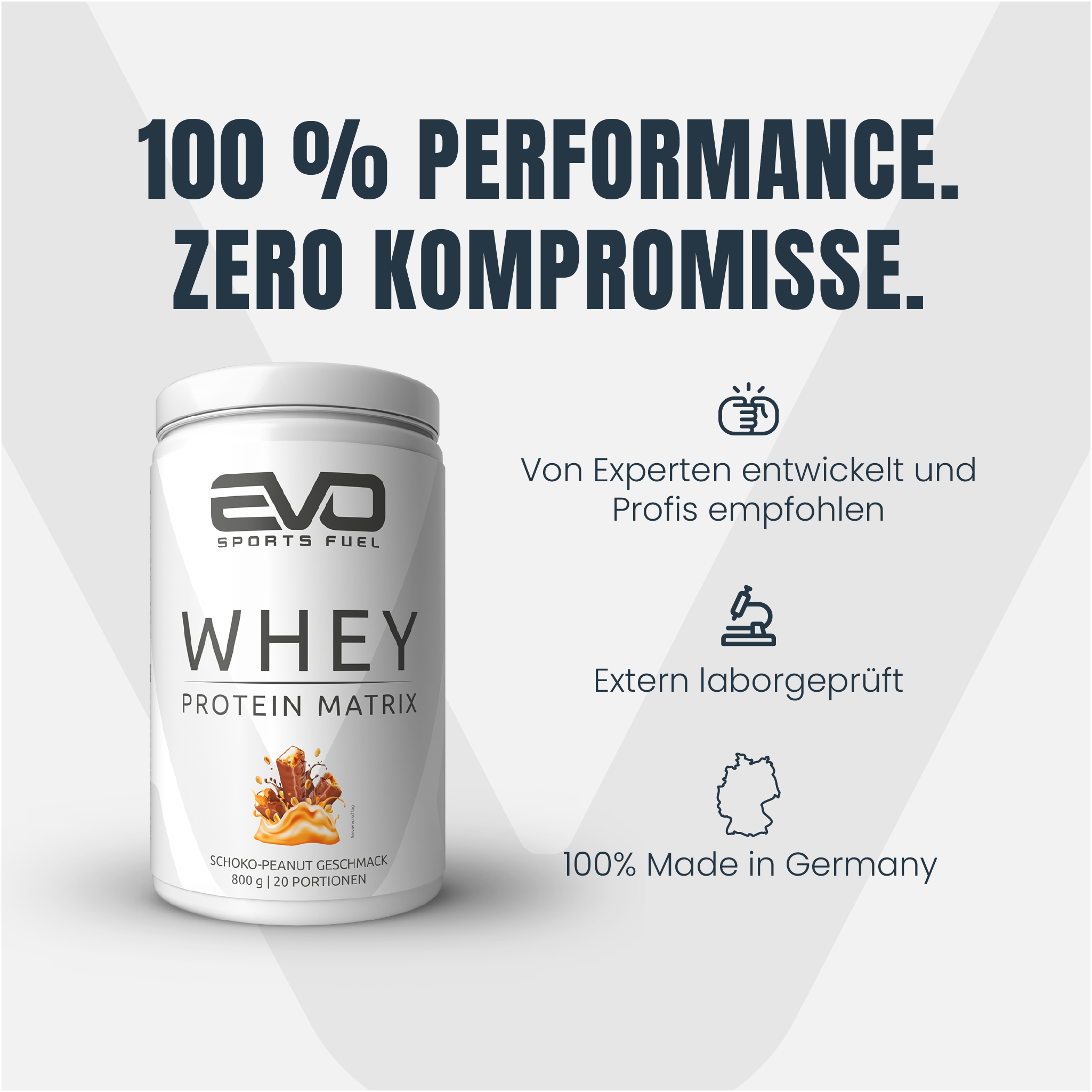 EVO WHEY PRO: 100 % Performance. Zero Kompromisse. Von Experten Entwickelt, extern laborgeprüft und 100 % made in Germany.