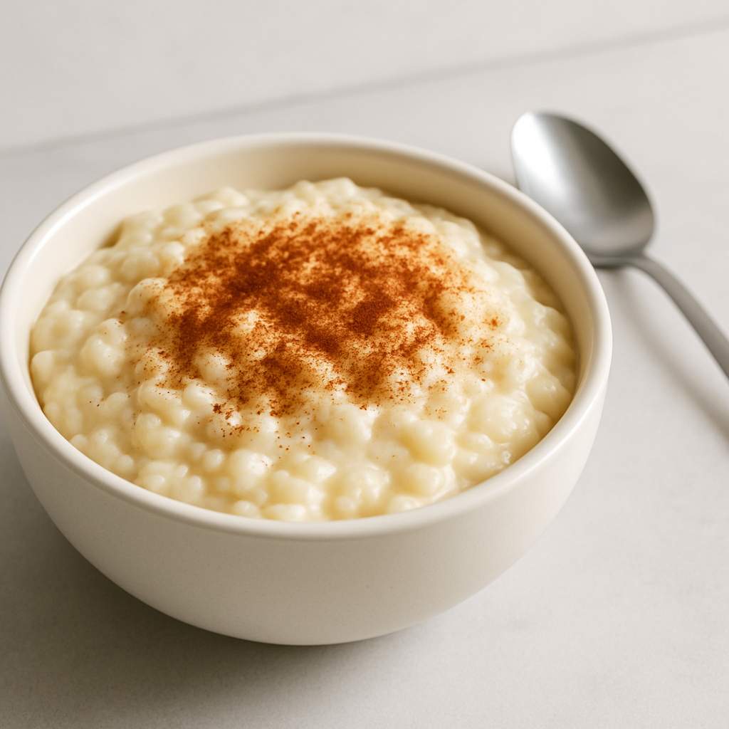 Reispudding mit Zimt bestreut in einer weißen Schüssel mit Löffel daneben – als warme Mahlzeit oder Pre-Workout Snack geeignet