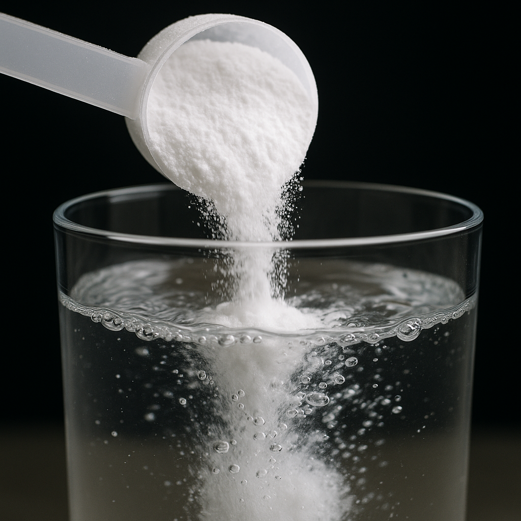 Ein transparenter Messlöffel mit Beta Alanine Pulver wird über ein Glas mit Wasser ausgeschüttet. Das weiße Pulver rieselt hinein und erzeugt sichtbare Blasen und Verwirbelungen. Schwarzer Hintergrund, Fokus auf Textur und Klarheit.