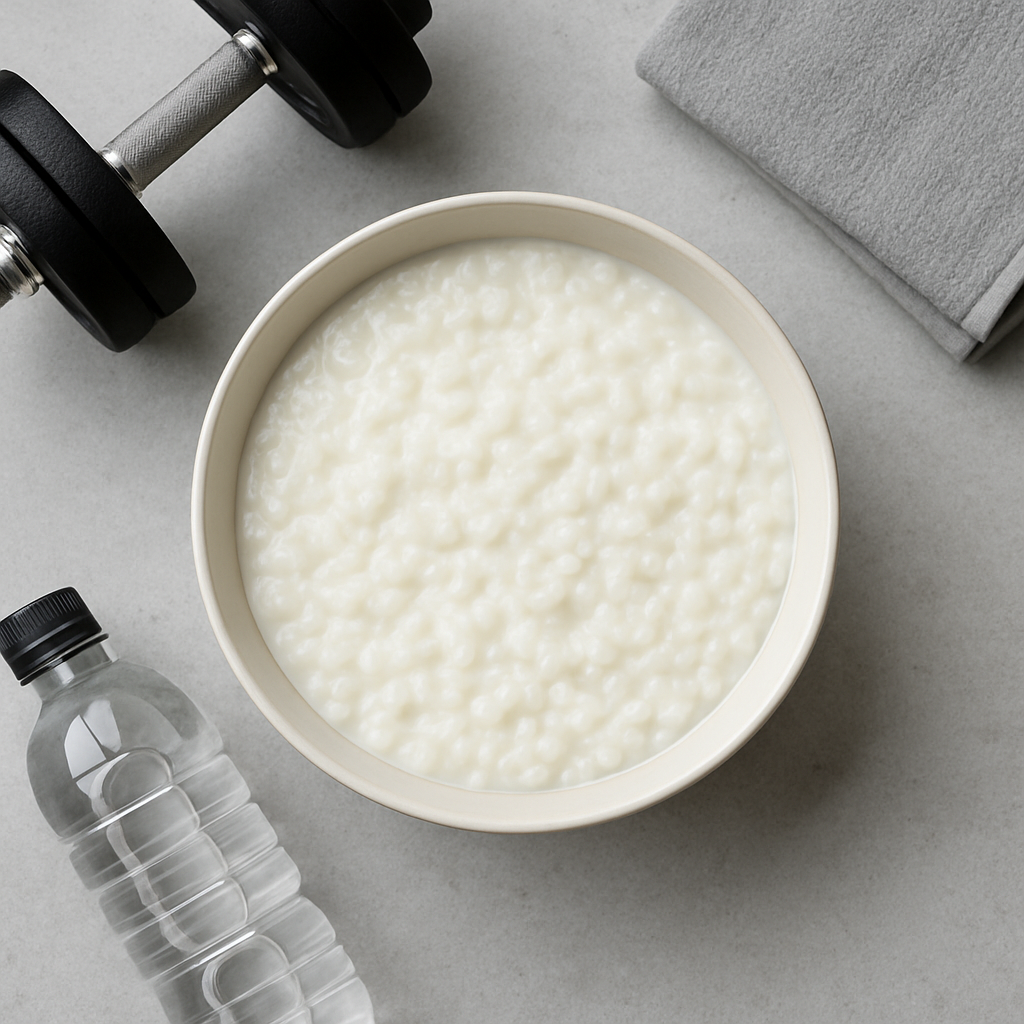 Weiße Schale mit cremigem Reispudding als sportliche Mahlzeit, daneben Hantel, Wasserflasche und graues Handtuch – ideal als Pre-Workout Snack für Krafttraining