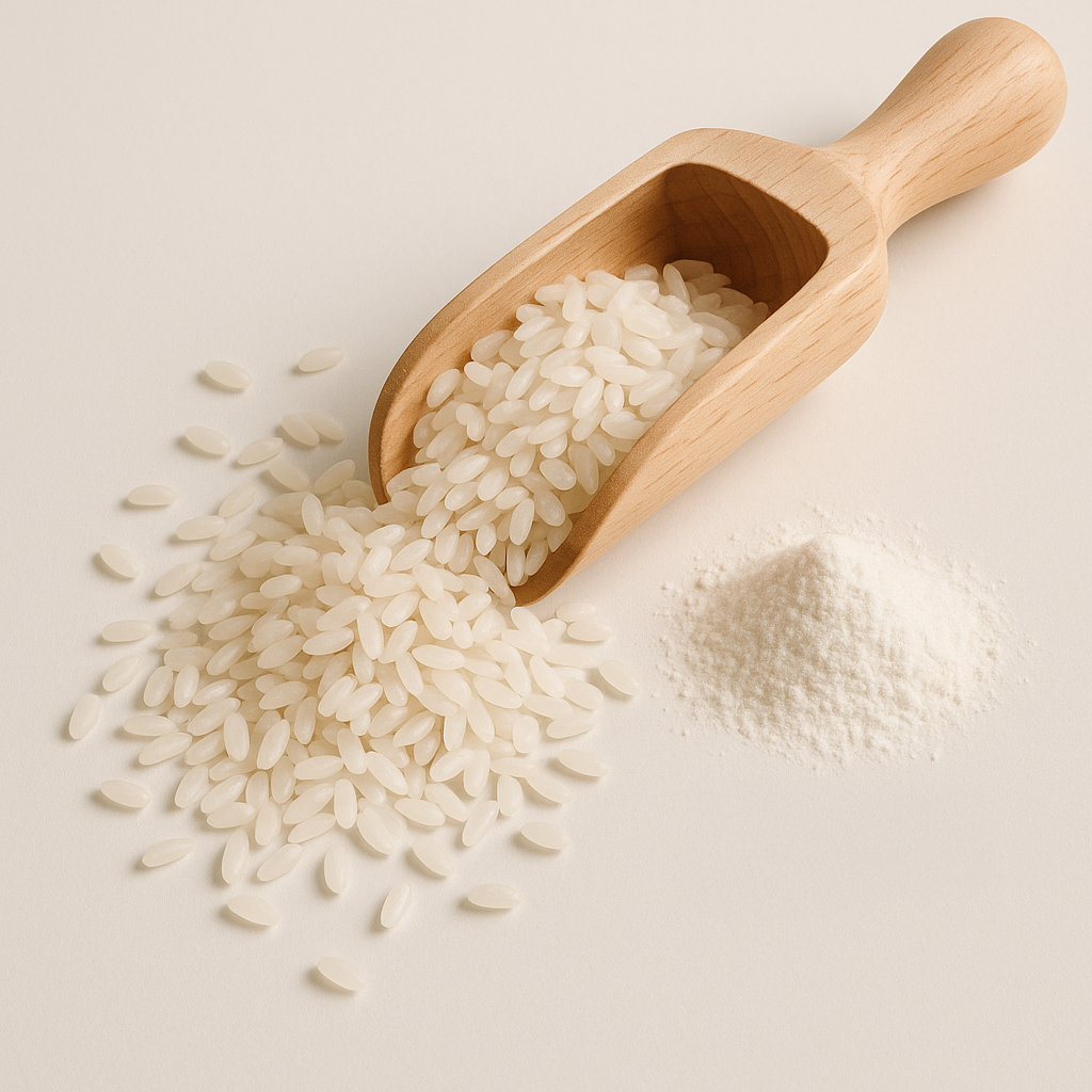 Holzlöffel mit weißen Rundkornreis und daneben ein Häufchen feines Reismehl auf hellem Untergrund – Grundlage für Cream of Rice Produkte