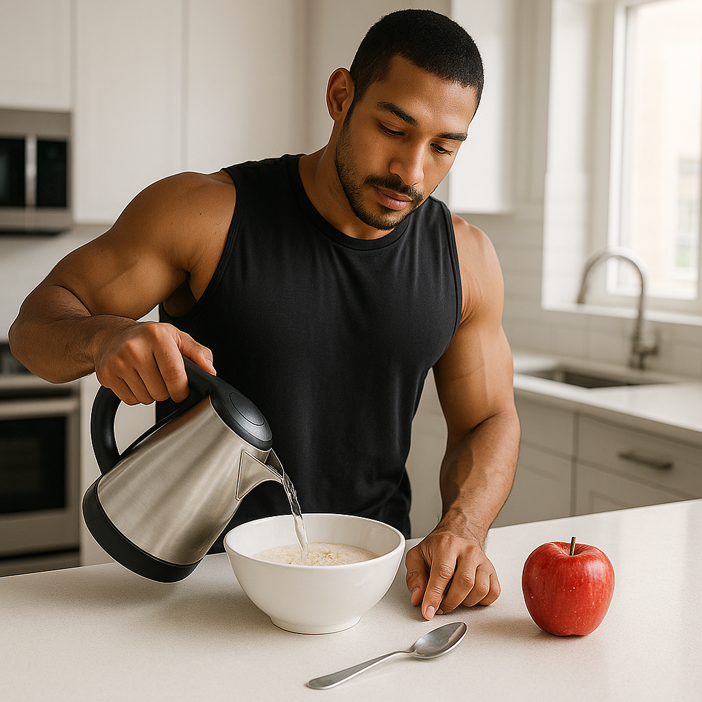 Muskulöser Mann in schwarzem Tanktop gießt heißes Wasser in eine Schüssel mit Reispudding – in moderner Küche mit Apfel und Löffel auf der Arbeitsfläche, ideal als schnelles Frühstück für Sportler