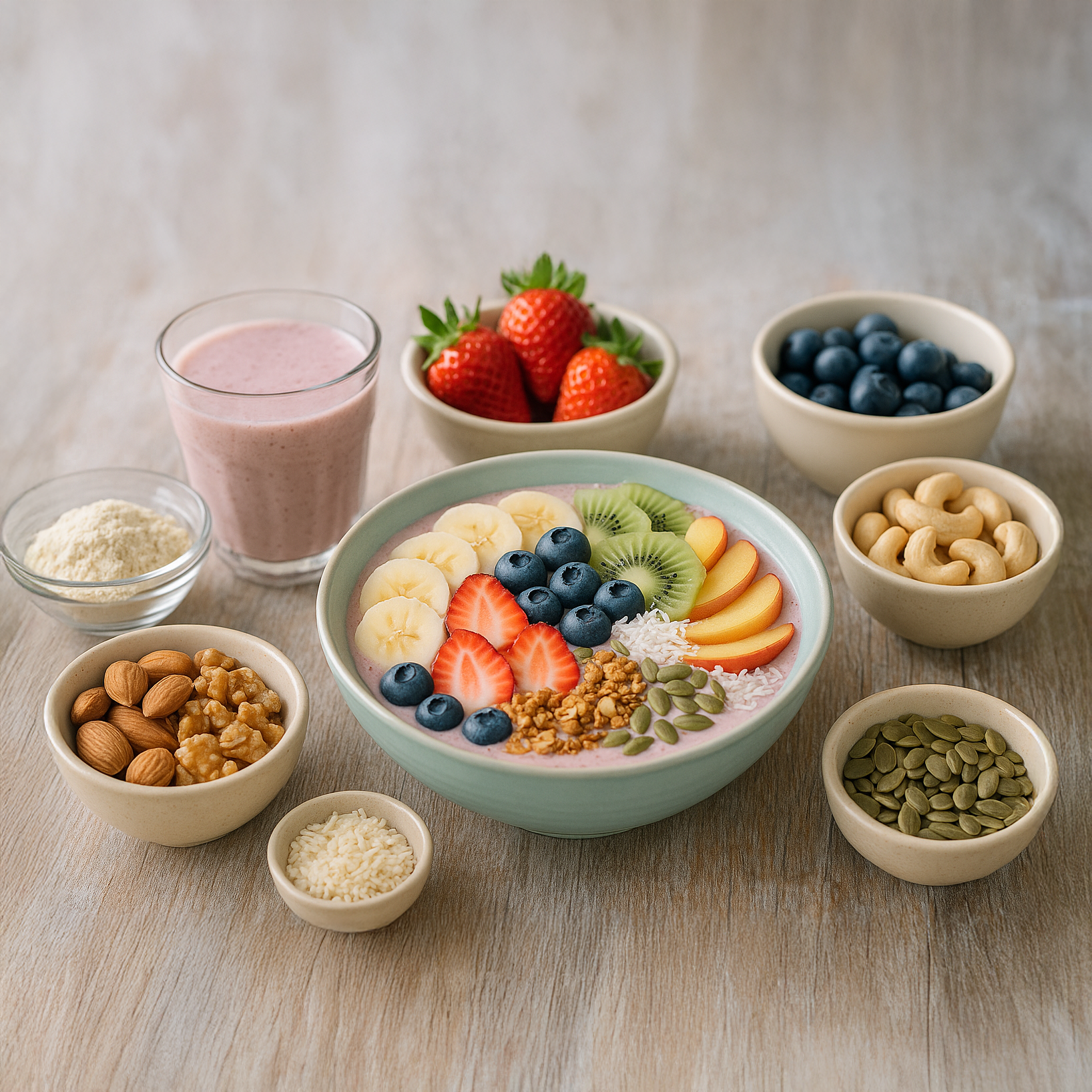 Gesundes veganes Frühstück mit Protein-Smoothie, frischem Obst wie Bananen, Erdbeeren, Heidelbeeren und Kiwi sowie Nüssen, Kernen und EVO Vegan Proteinpulver für Fitness und Muskelaufbau.