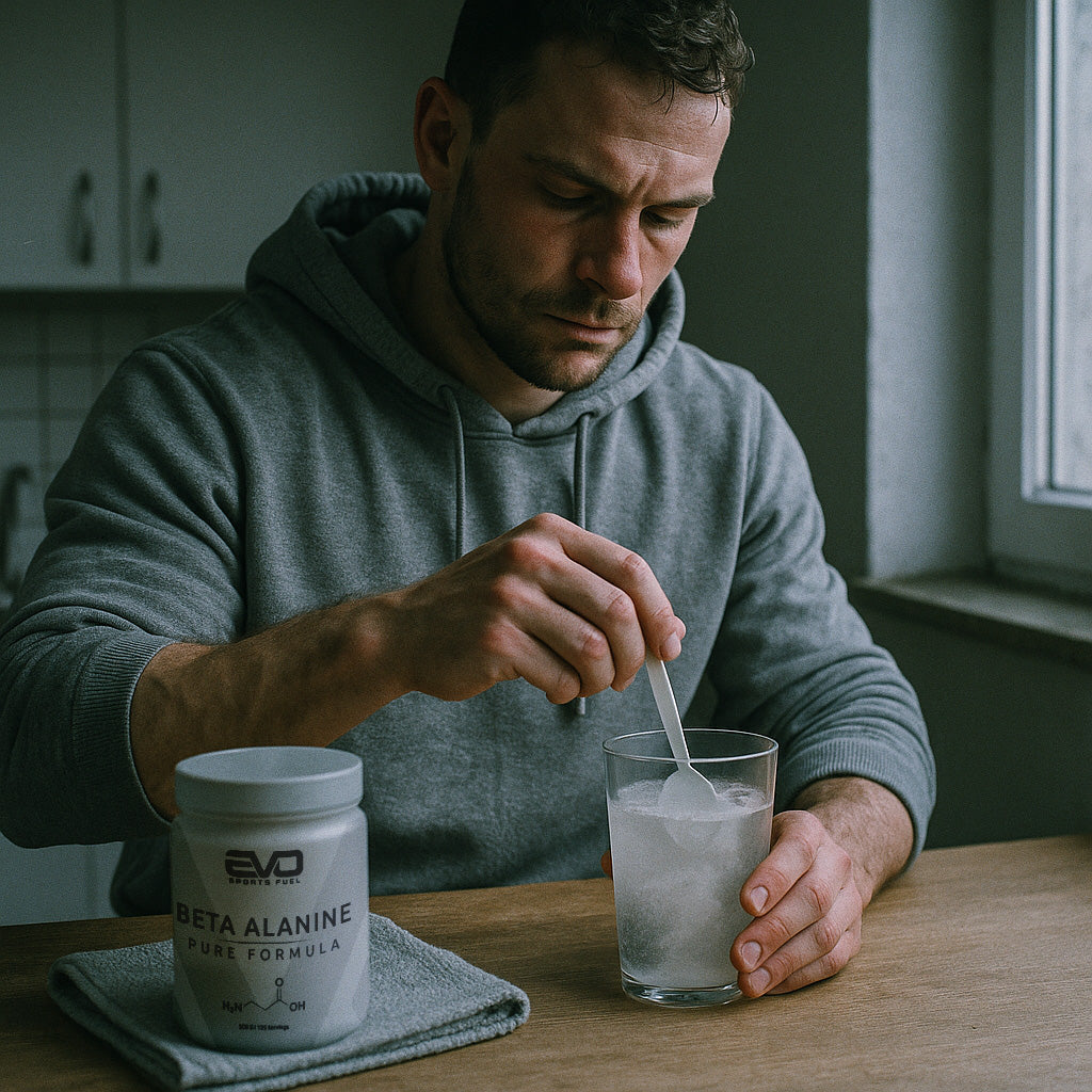 Ein junger Mann im grauen Hoodie rührt konzentriert Beta Alanine in ein Glas Wasser ein. Neben ihm steht die geöffnete Dose auf einem gefalteten Handtuch. Kühle Lichtstimmung und klare Routine prägen das Bild.