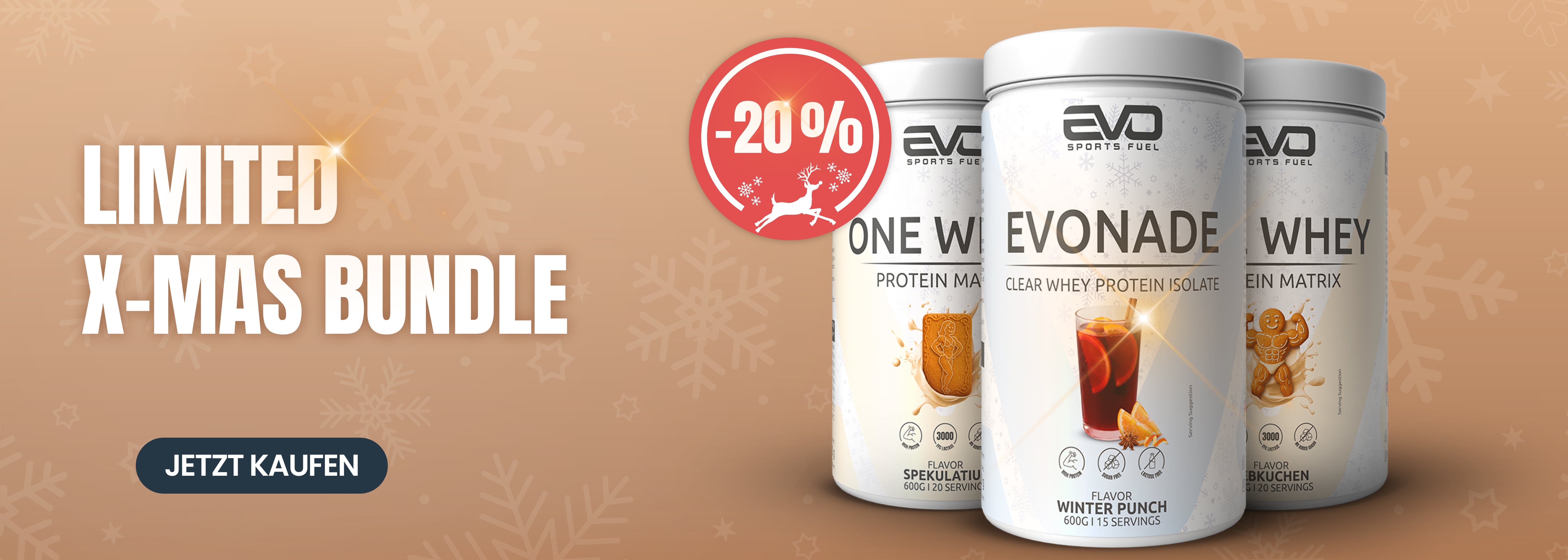EVO SPORTS FUEL Weihnachts-Limited-Edition: One Whey Spekulatius, EVONADE Winter Punch und One Whey Lebkuchen vor einem winterlichen Hintergrund. Links steht der Claim ‚X-Mas came early this year‘ und ein Button mit ‚Jetzt kaufen‘.