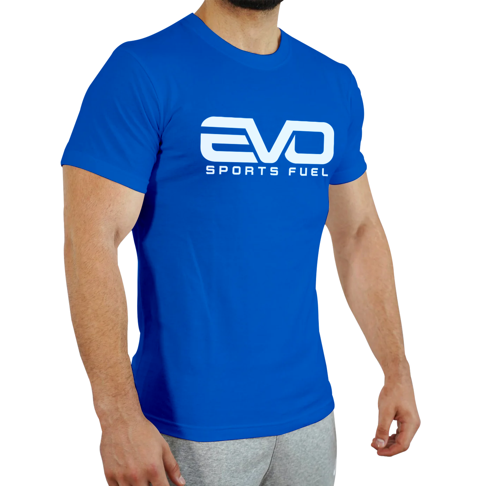 Klassisches T-Shirt blau mit "EVO SPORTS FUEL"-Aufschrift in weiß