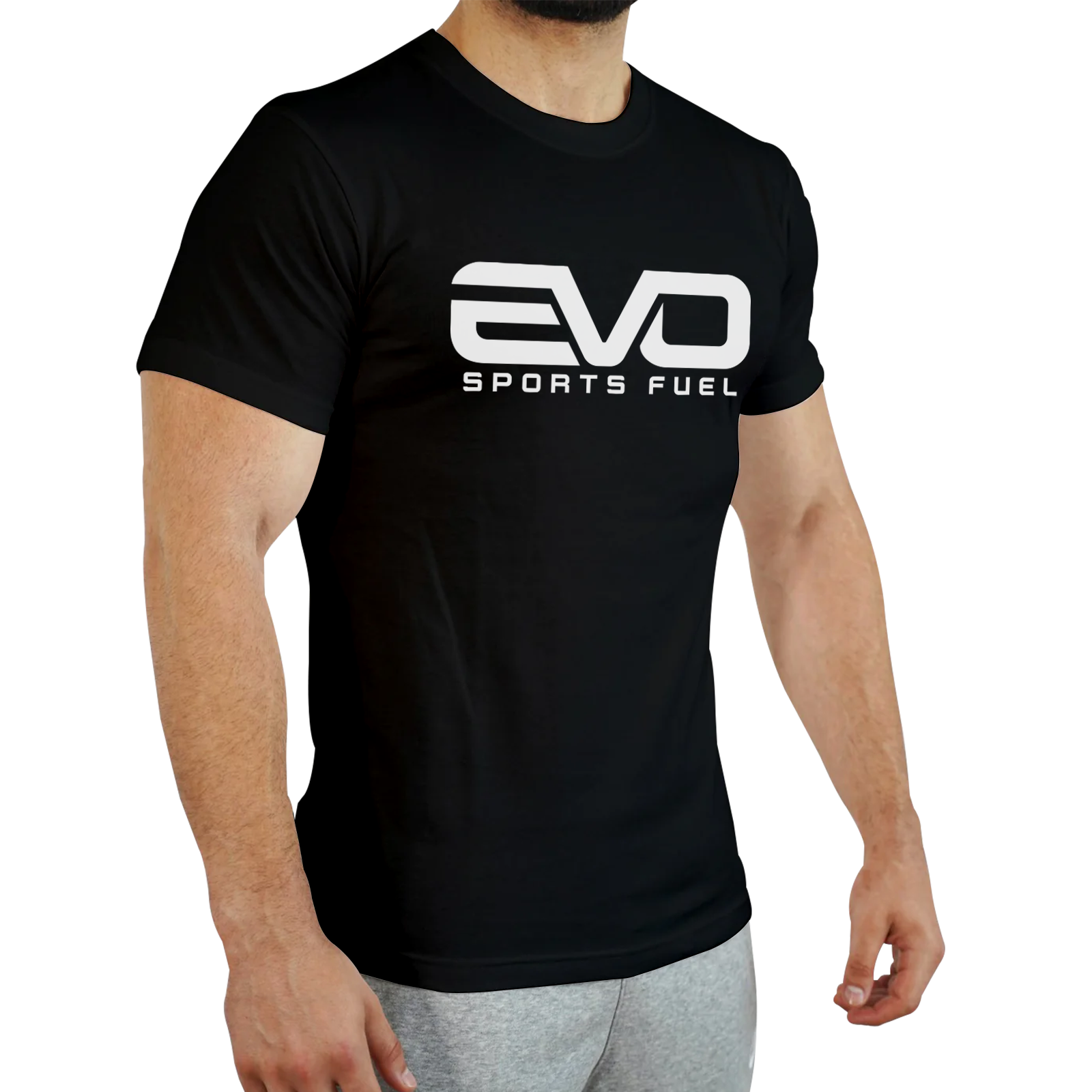 Klassisches T-Shirt schwarz mit "EVO SPORTS FUEL"-Aufschrift in weiß