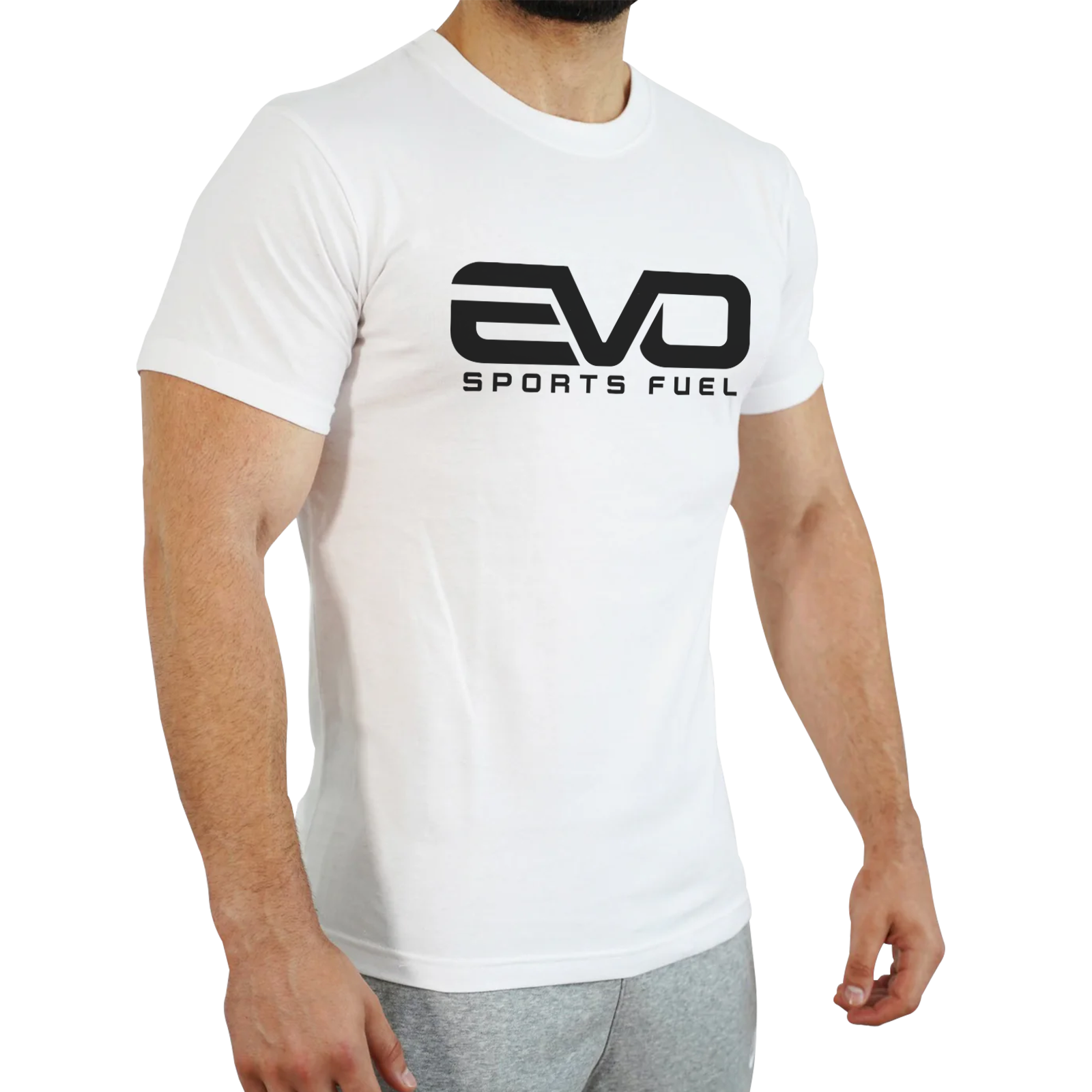 Klassisches T-Shirt Weiß mit "EVO SPORTS FUEL"-Aufschrift in schwarz
