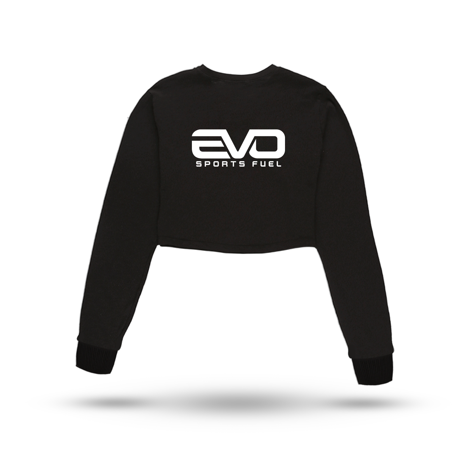 Schwarzer Damen Sweater cropped mit der Aufschrift "EVO SPORTS FUEL"