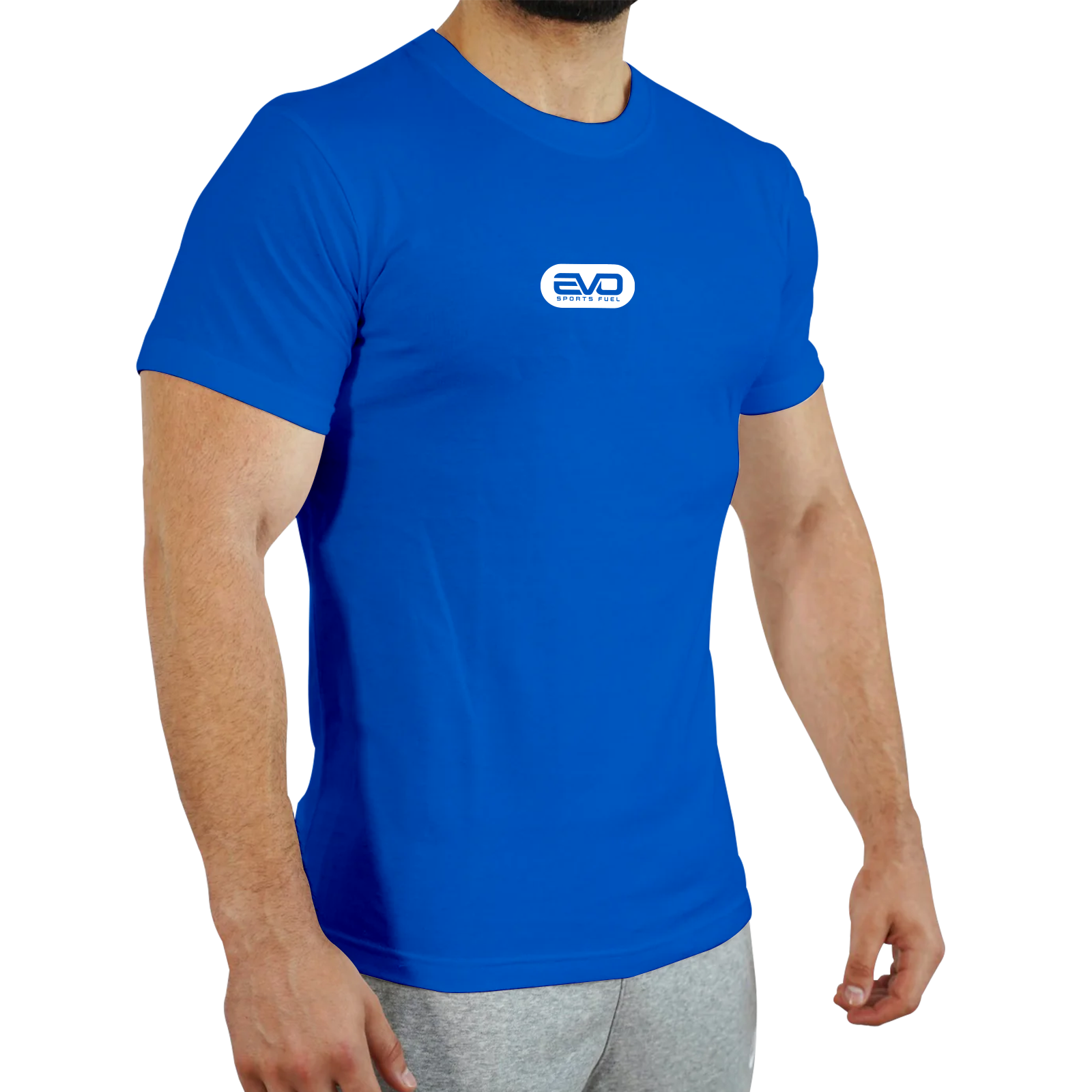 Eng anliegendes T-Shirt in blau mit EVO SPORTS FUEL-Logo mit weißem Aufdruck