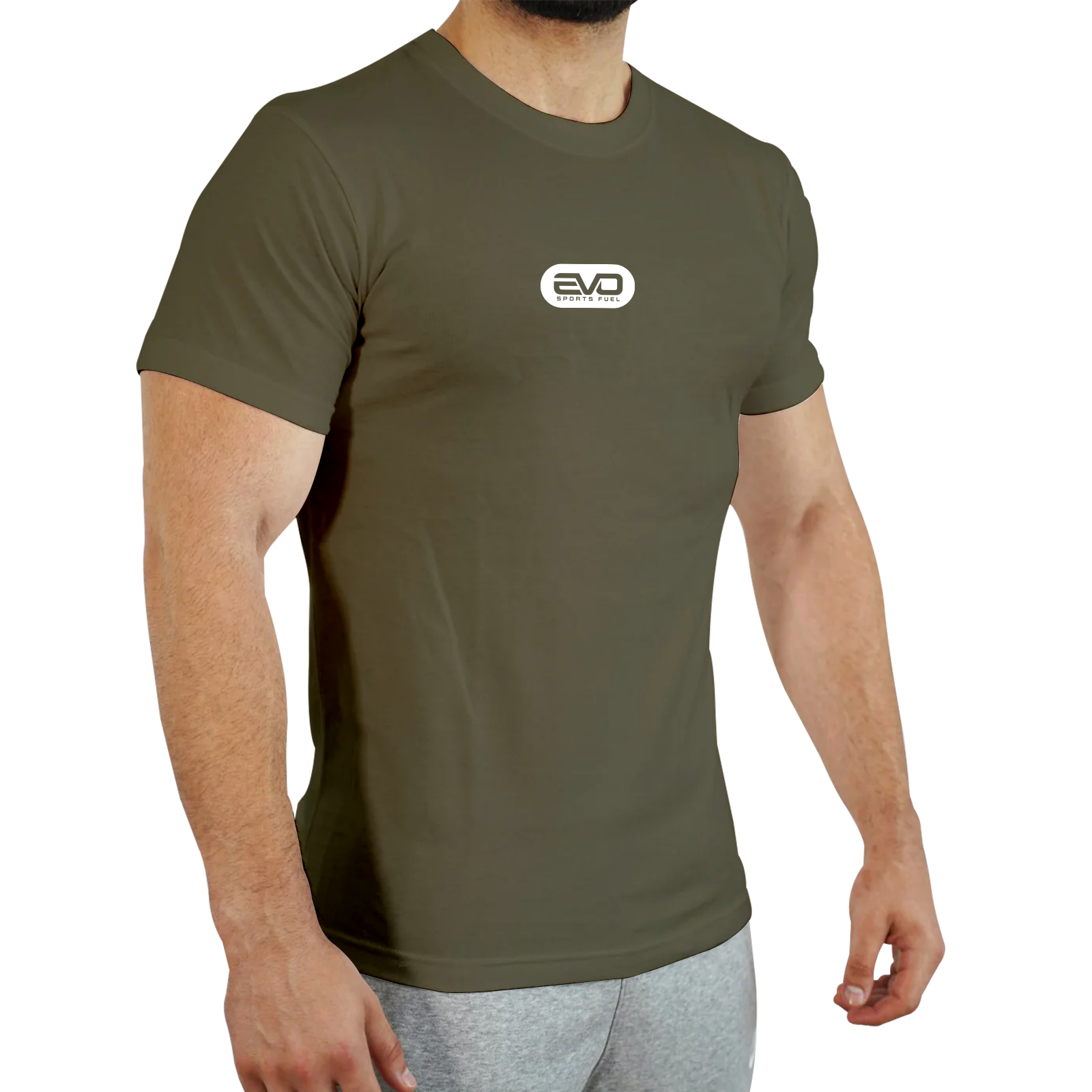 Eng anliegendes T-Shirt in grün mit EVO SPORTS FUEL-Logo mit weißem Aufdruck