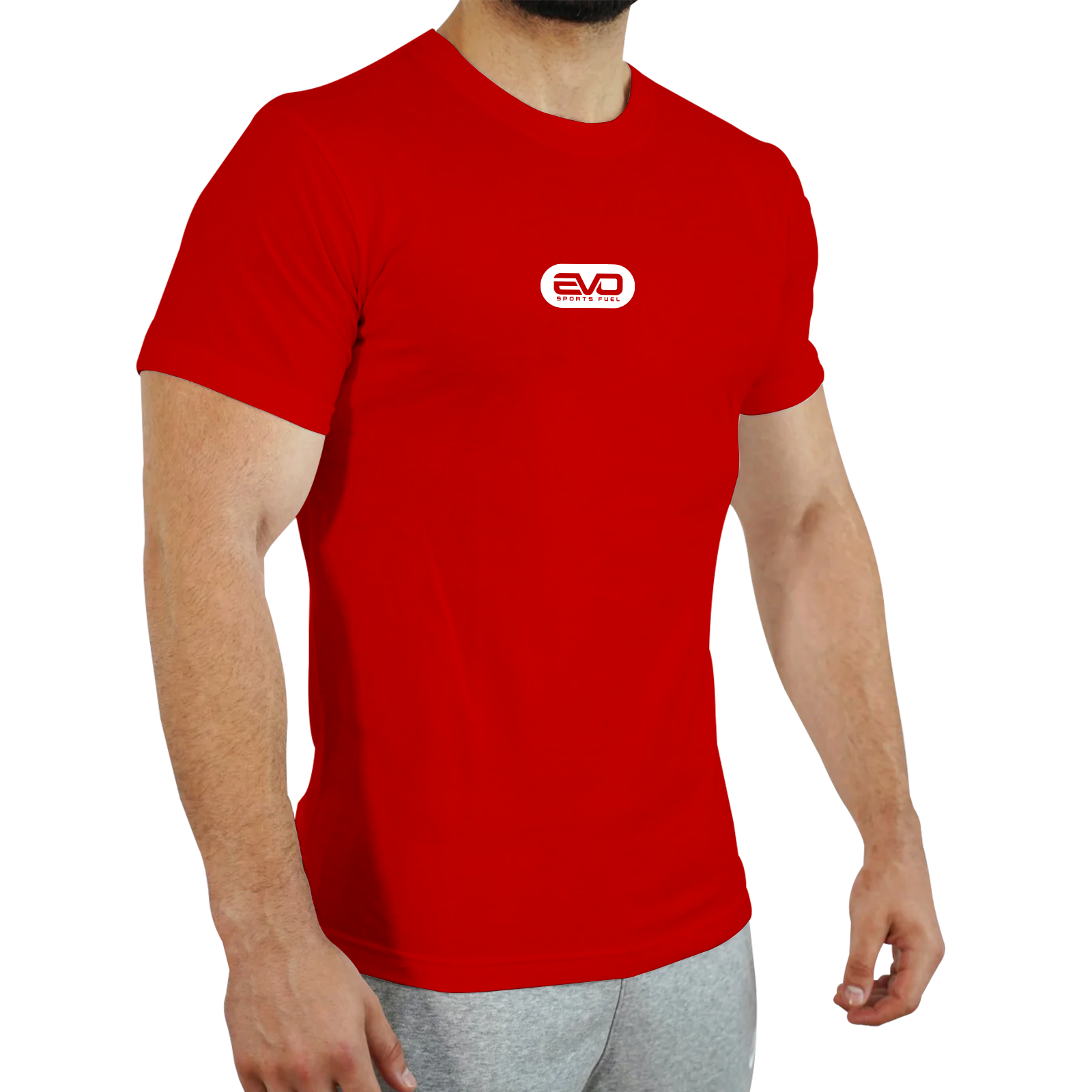 Eng anliegendes T-Shirt in rot mit EVO SPORTS FUEL-Logo mit weißem Aufdruck