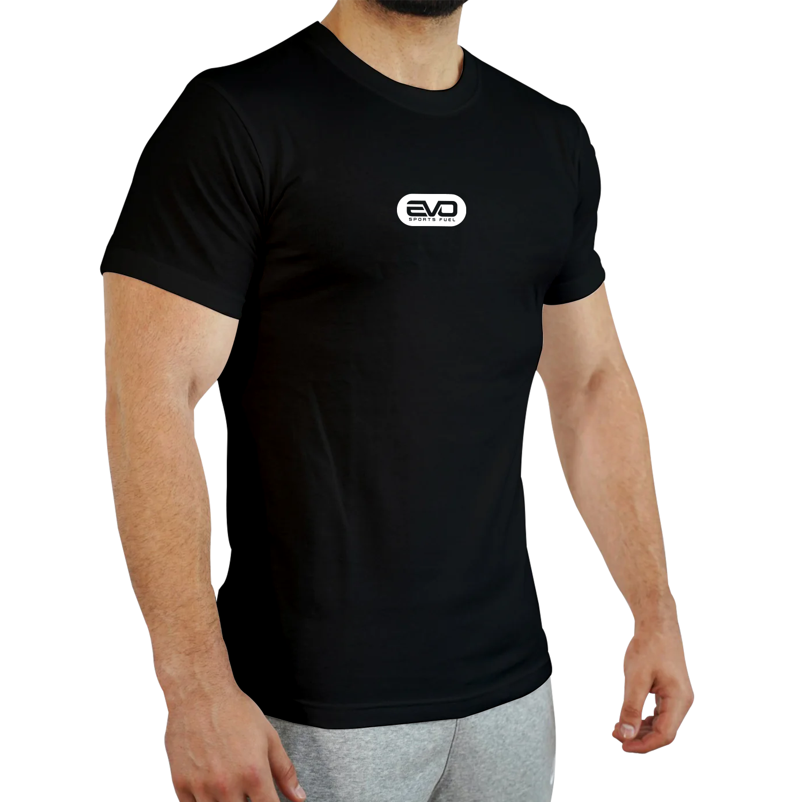 Eng anliegendes T-Shirt in schwarz mit EVO SPORTS FUEL-Logo mit weißem Aufdruck