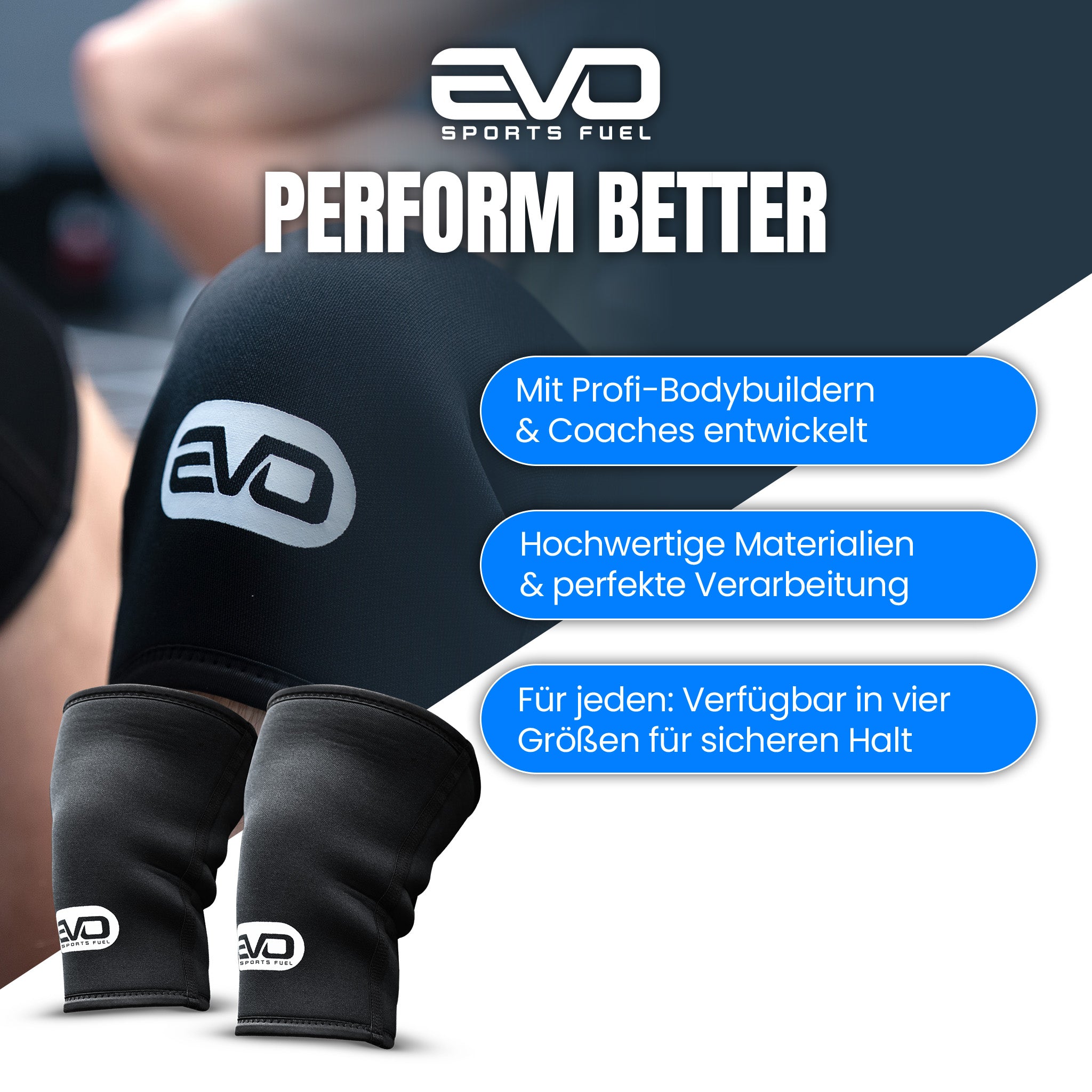 Kniebandagen von EVO mit sportlichem Einsatz – entwickelt mit Coaches & Bodybuildern.