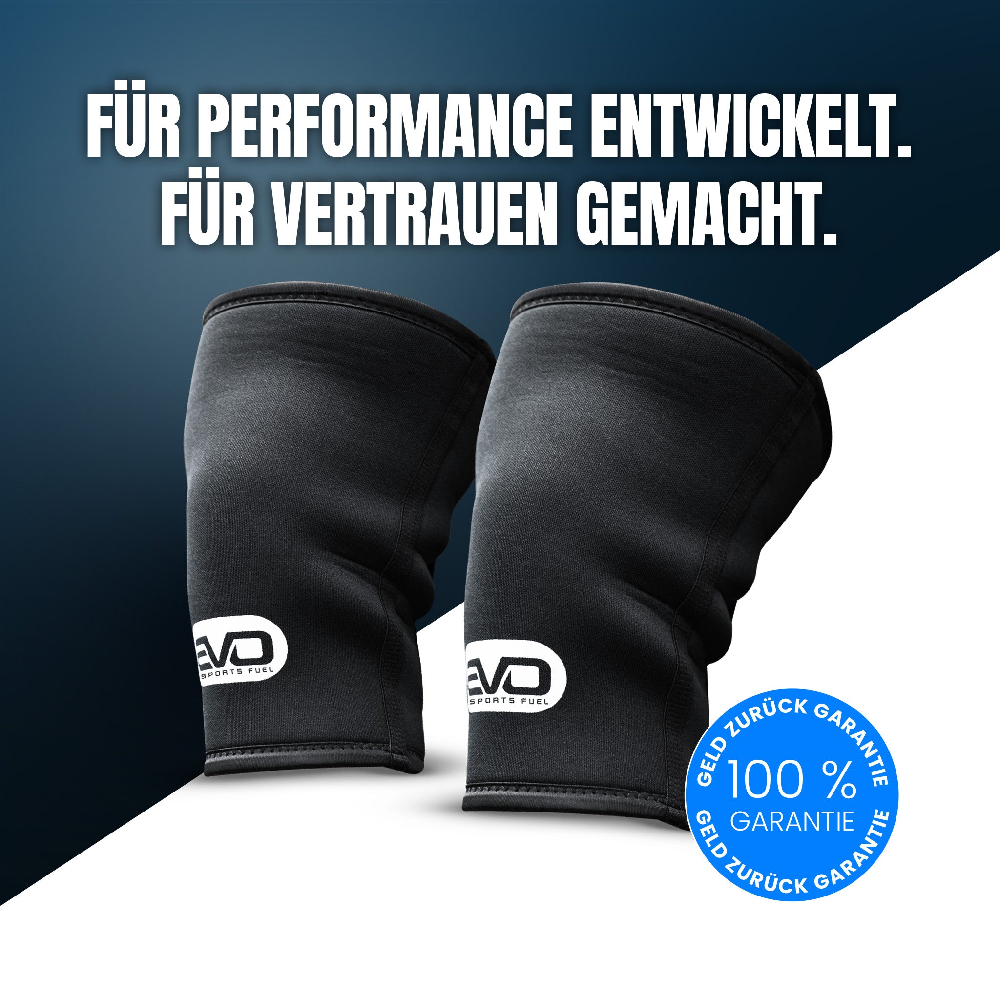 Kniebandagen von EVO mit 100 % Geld-zurück-Garantie – für Performance und sicheres Kniegelenk.