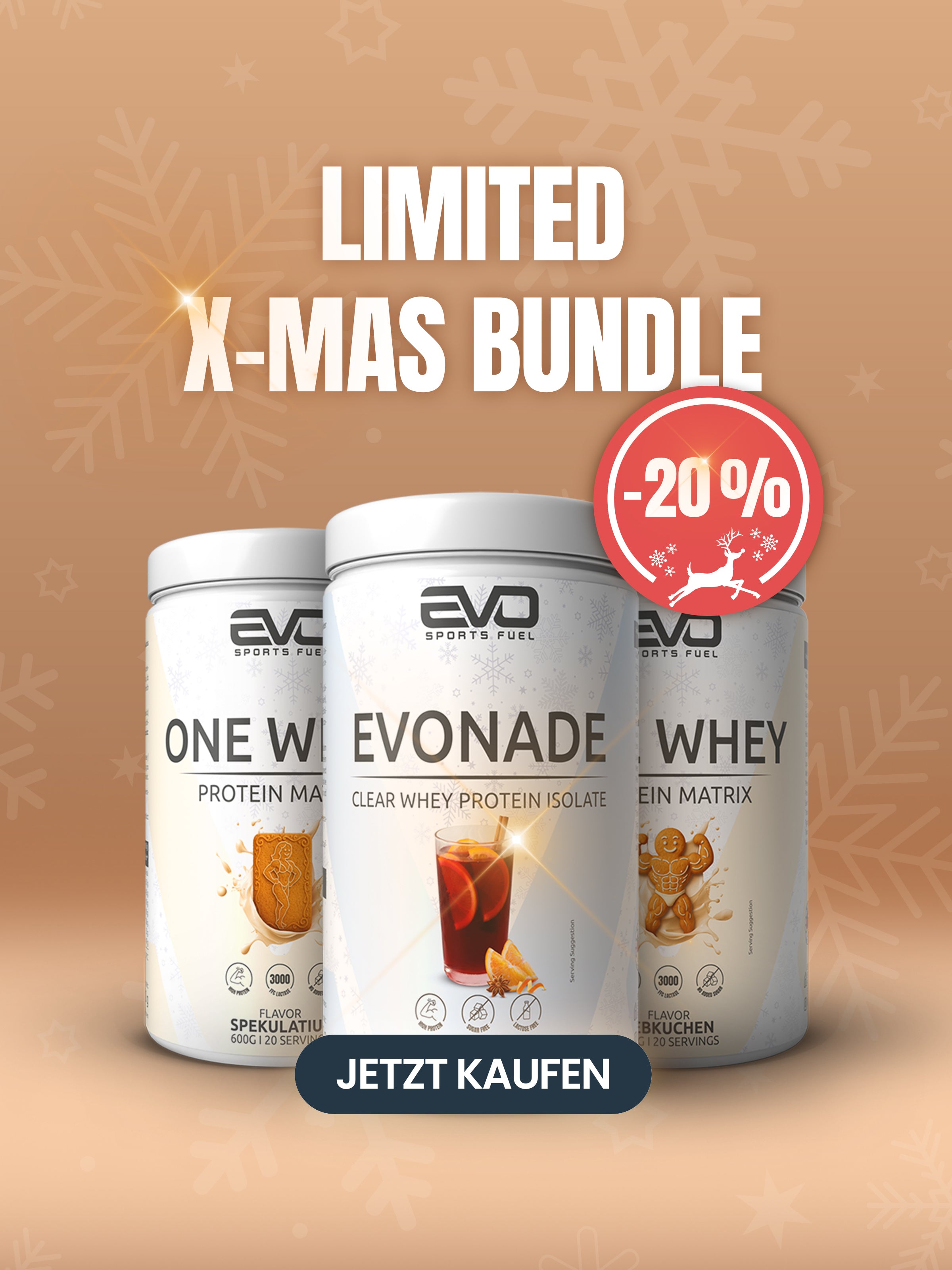 EVO SPORTS FUEL Weihnachts-Limited-Edition: One Whey Spekulatius, EVONADE Winter Punch und One Whey Lebkuchen vor einem winterlichen Hintergrund. Links steht der Claim ‚X-Mas came early this year‘ und ein Button mit ‚Jetzt kaufen‘.