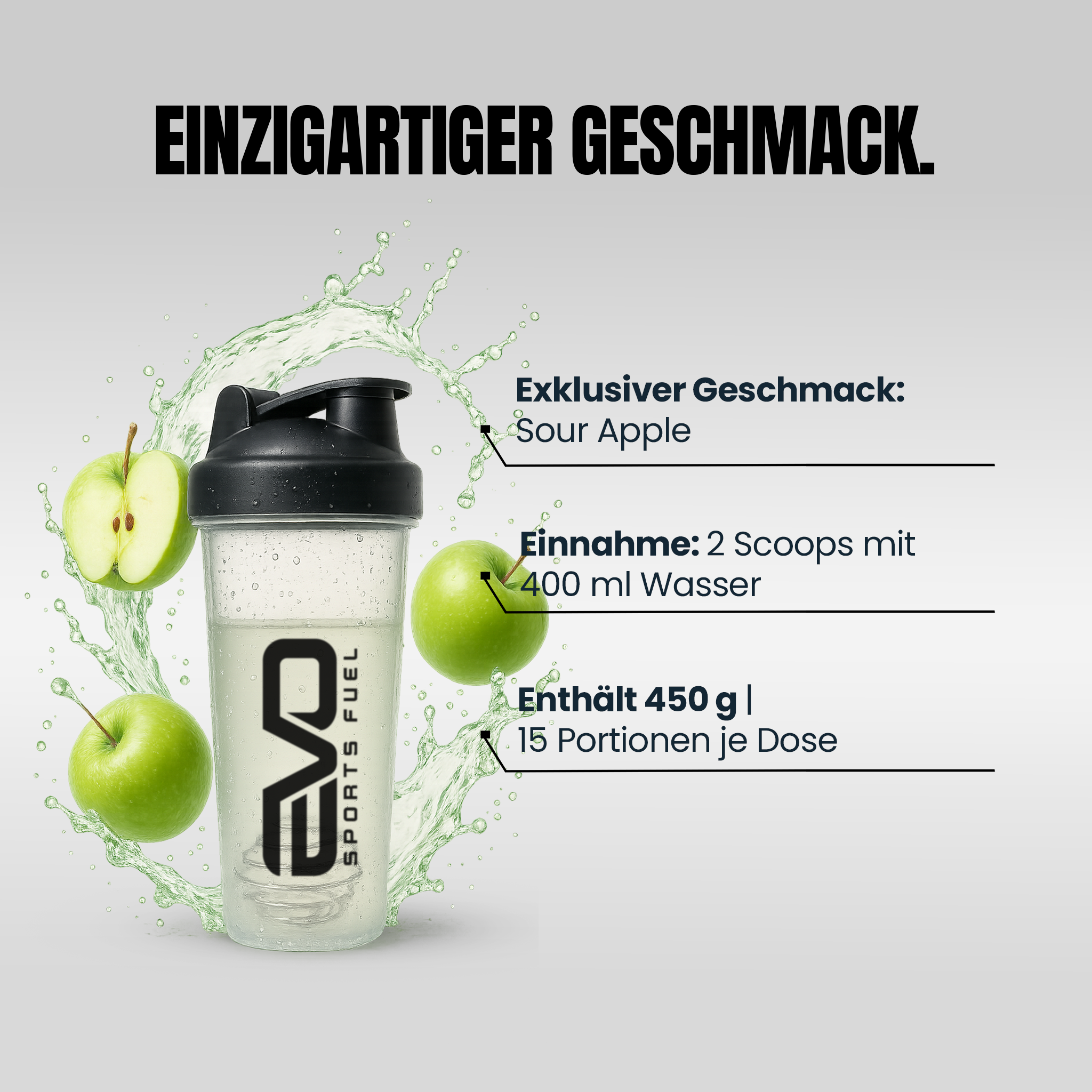 EVO SPORTS FUEL Shaker mit CRAFT PRO Sour Apple Geschmack. Grüner Apfelsplash, Produktdetails zur Einnahme und Portionsgröße der Limited Edition.