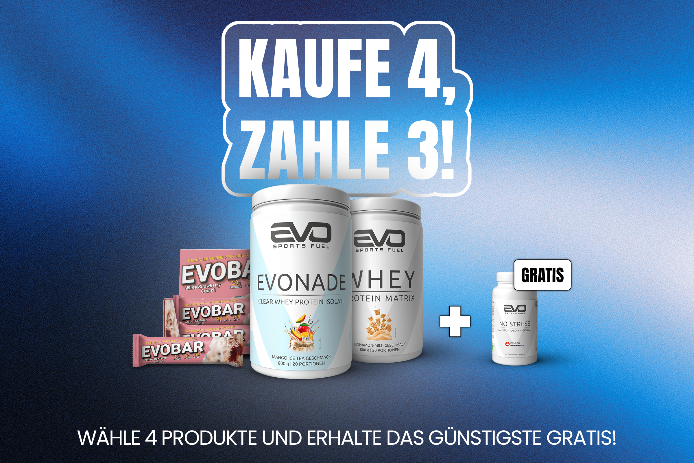 EVO SPORTS FUEL Mobilbanner zur Aktion „Kaufe 4, zahle 3“ – Protein Supplements wie EVONADE, EVO Whey und EVOBAR mit kostenlosem NO STRESS Produkt.