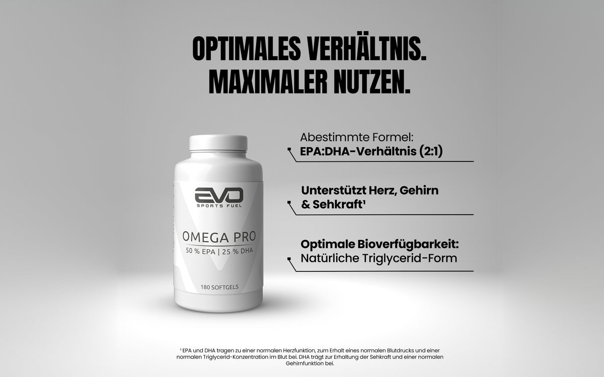 EVO SPORTS FUEL OMEGA PRO – Fischölkapseln mit optimalem EPA:DHA-Verhältnis (2:1). Unterstützt Herz, Gehirn und Sehkraft. In natürlicher Triglycerid-Form für beste Bioverfügbarkeit.