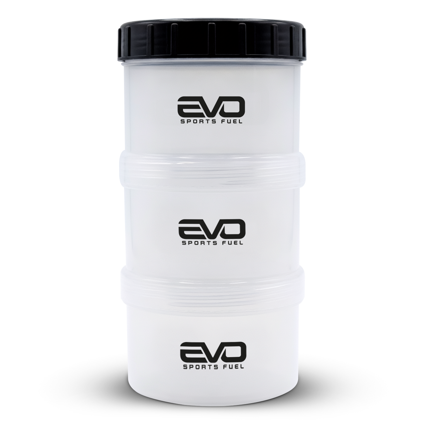 Gestapelte EVO Powder Storage Box mit drei verschraubbaren Fächern zur Aufbewahrung von Proteinpulver und Supplements