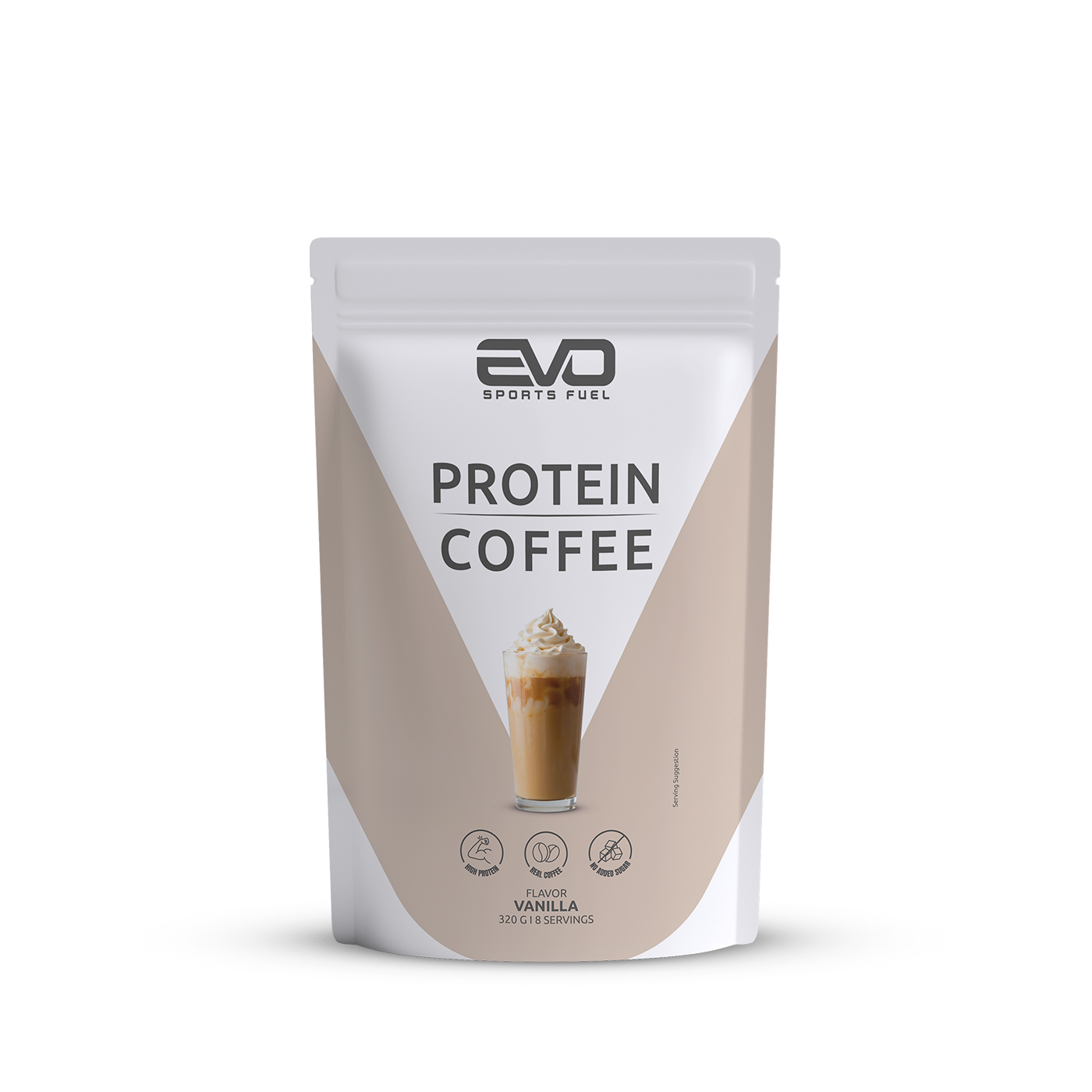 EVO Protein Coffee in der Sorte Vanilla – cremiger Iced Coffee mit hochwertigem Whey Protein und Laktase, abgebildet im Beutel-Design auf hellem Hintergrund.