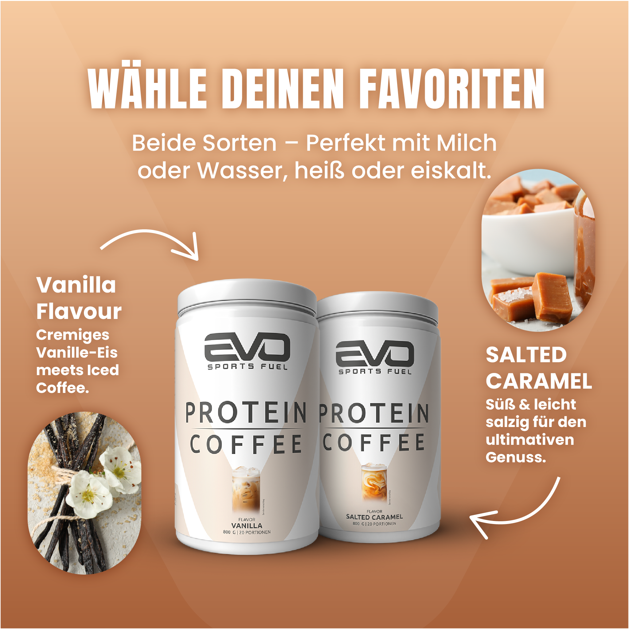 EVO SPORTS FUEL Protein Coffee in Vanilla und Salted Caramel – cremiger Geschmack, ideal mit Milch oder Wasser.