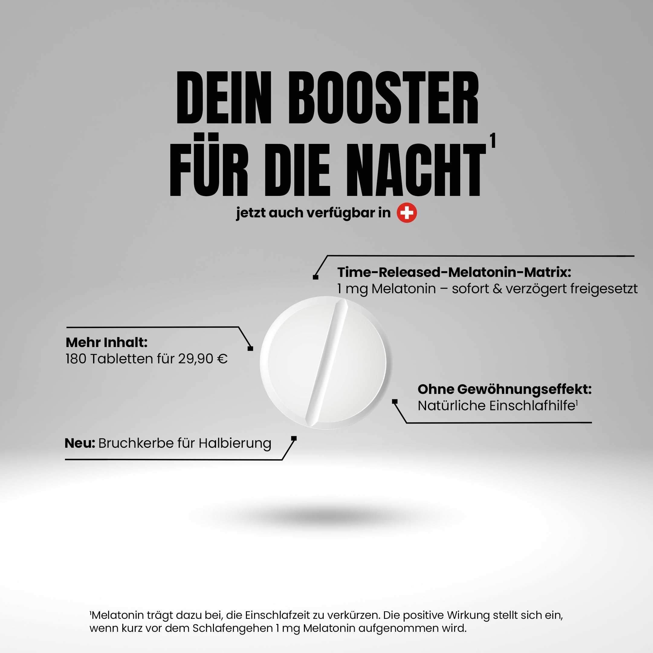 In der Mitte des Bildes eine Lutschtablette mit Bruchkerbe. Darüber die Überschrift Dein Booster für die Nacht. Vier Bulletpoints um die Tablette herum. Mehr Inhalt: 180 Tabletten für 29,90 Euro. Time-Released-Melatonin-Matrix: 1 mg Melatonin - sofort & verzögert freigesetzt. Neu: Bruchkerbe für Halbierung. Ohne Gewöhnungseffekt: Natürlich Einschlafhilfe. Fußnote: Melatonin trägt dazu bei, die EInschlafzeit zu verkürzen.