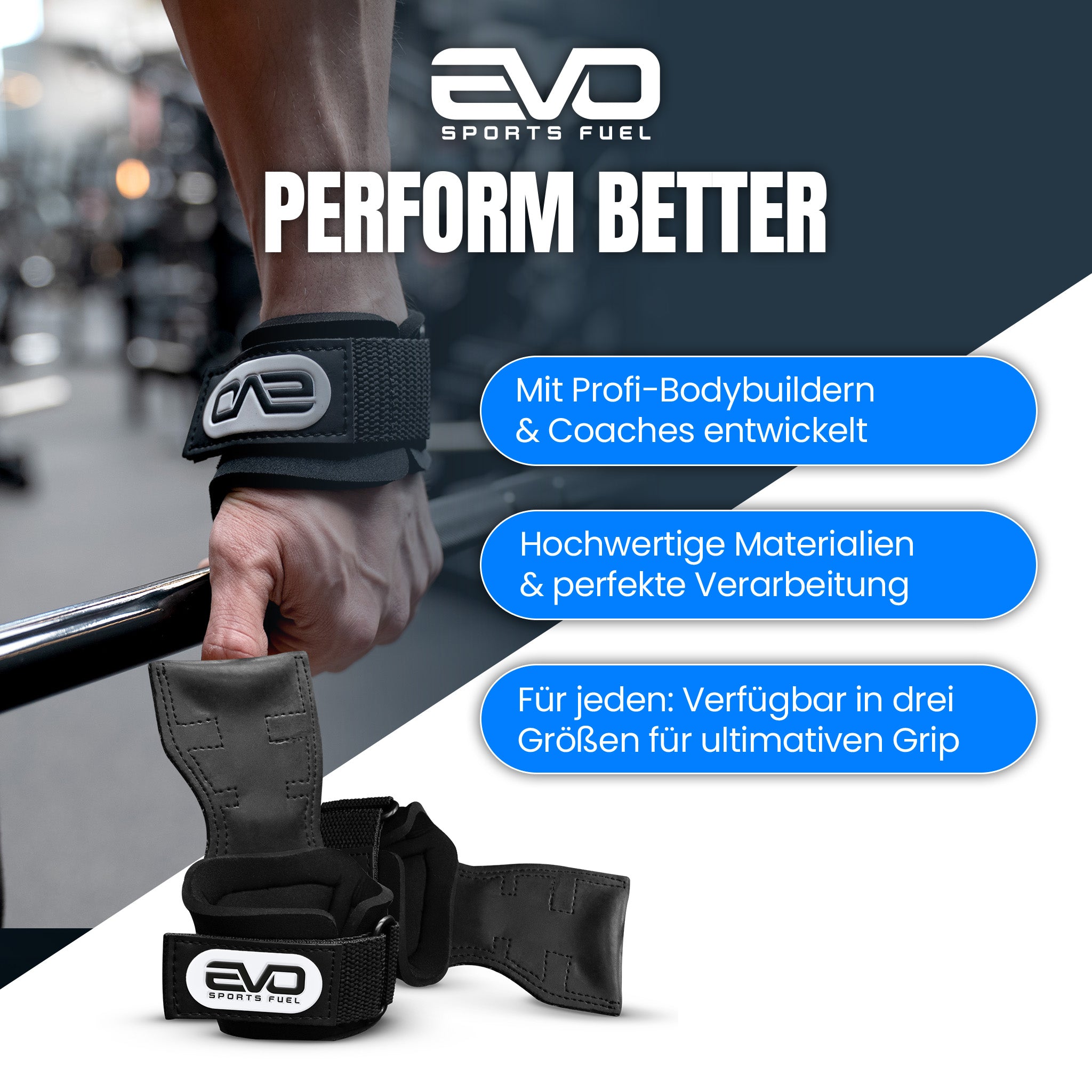 Gummierte Lifting Grips von EVO für Zugübungen im Gym – mit verstärktem Handgelenkschutz.