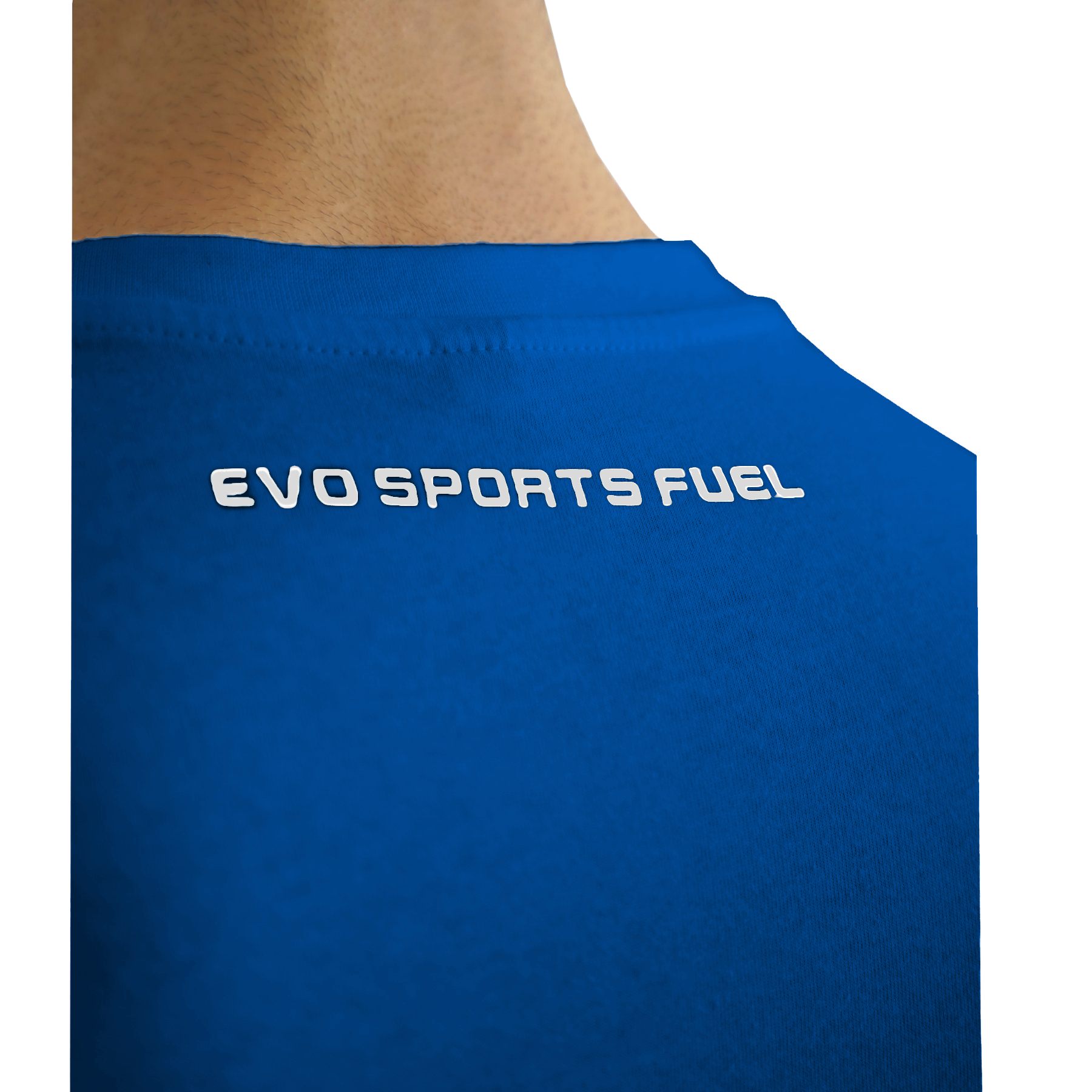 EVO SPORT FUEL auf der Rückseite des EVO CLASSIC Royal Blue T-Shirt geschrieben.