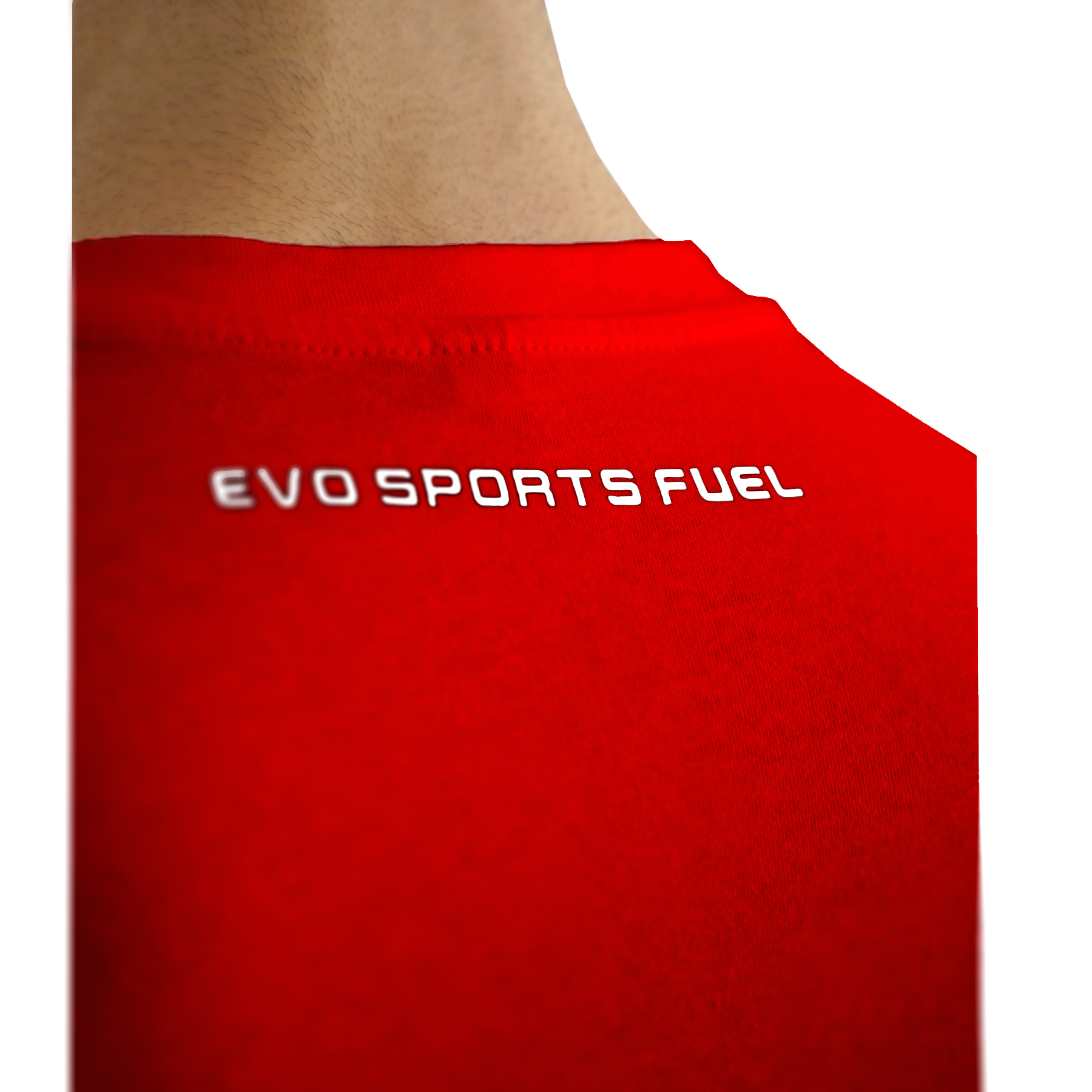 EVO SPORT FUEL auf der Rückseite des EVO CLASSIC Red T-Shirt geschrieben.