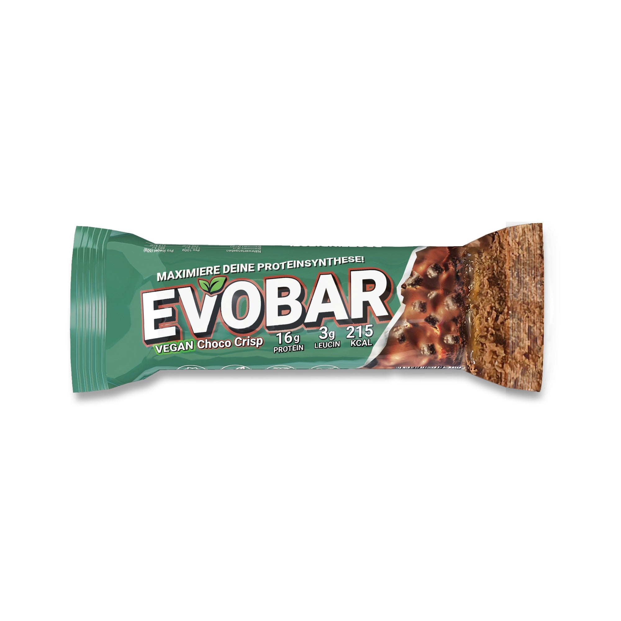60g EVOBAR Veganer Choco Crisp Proteinriegel mit 16g Protein, 3g Leucin und 215 kcal.