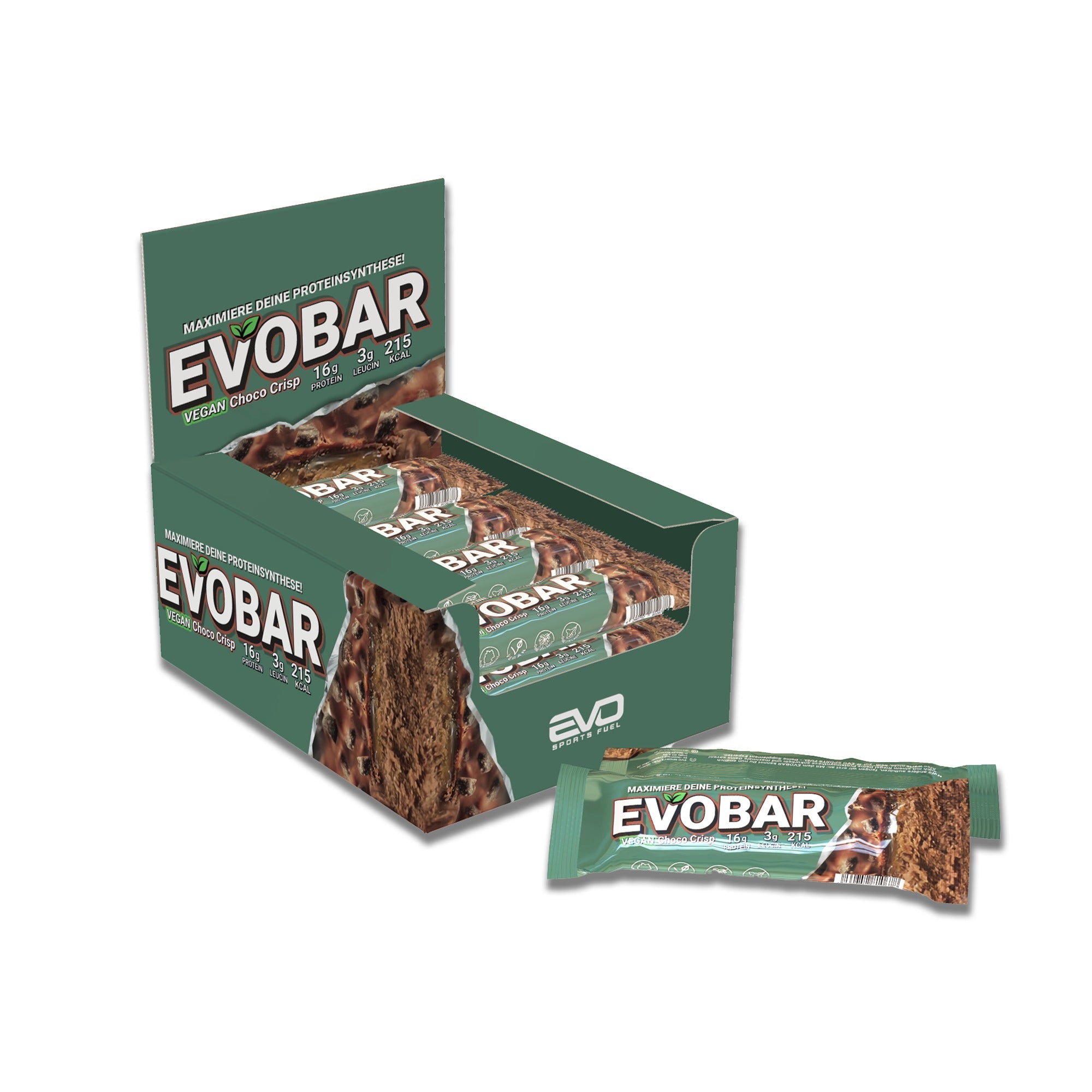 EVOBAR Veganer Choco Crisp Proteinriegel Tray(12x60g) mit 16g Protein, 3g Leucin und 215 kcal in jedem Proteinriegel.