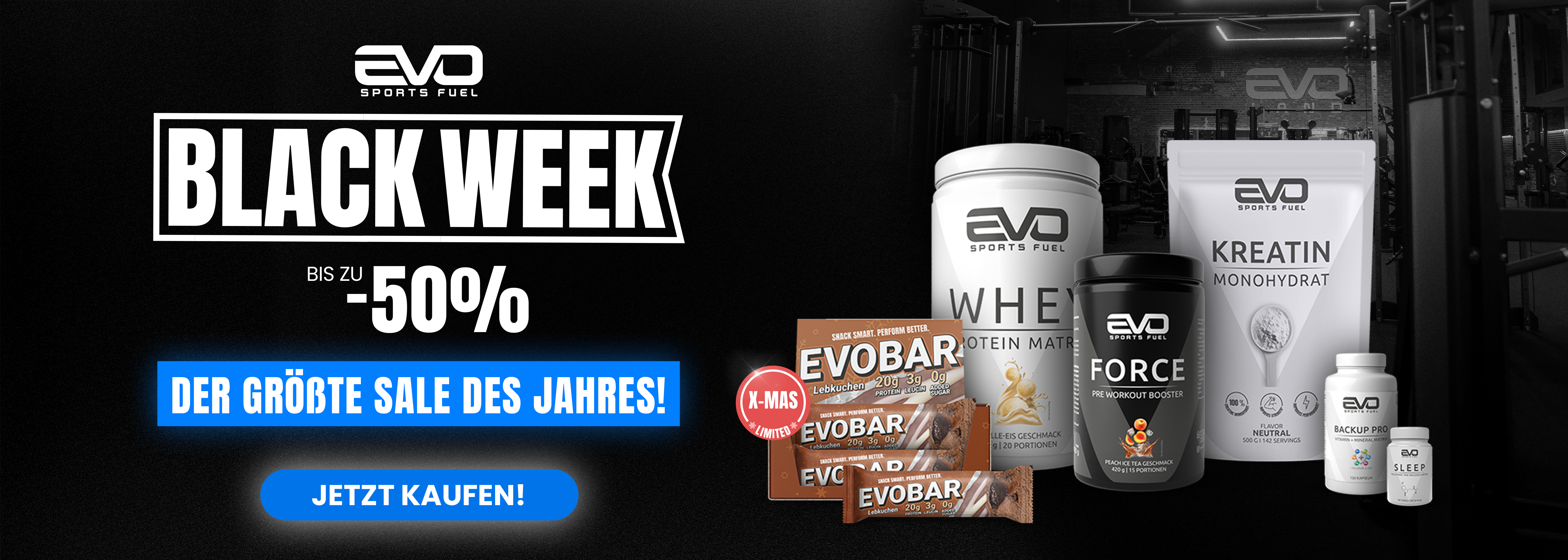 EVO SPORTS FUEL Black Week Banner – größter Sale des Jahres, Desktop-Version.