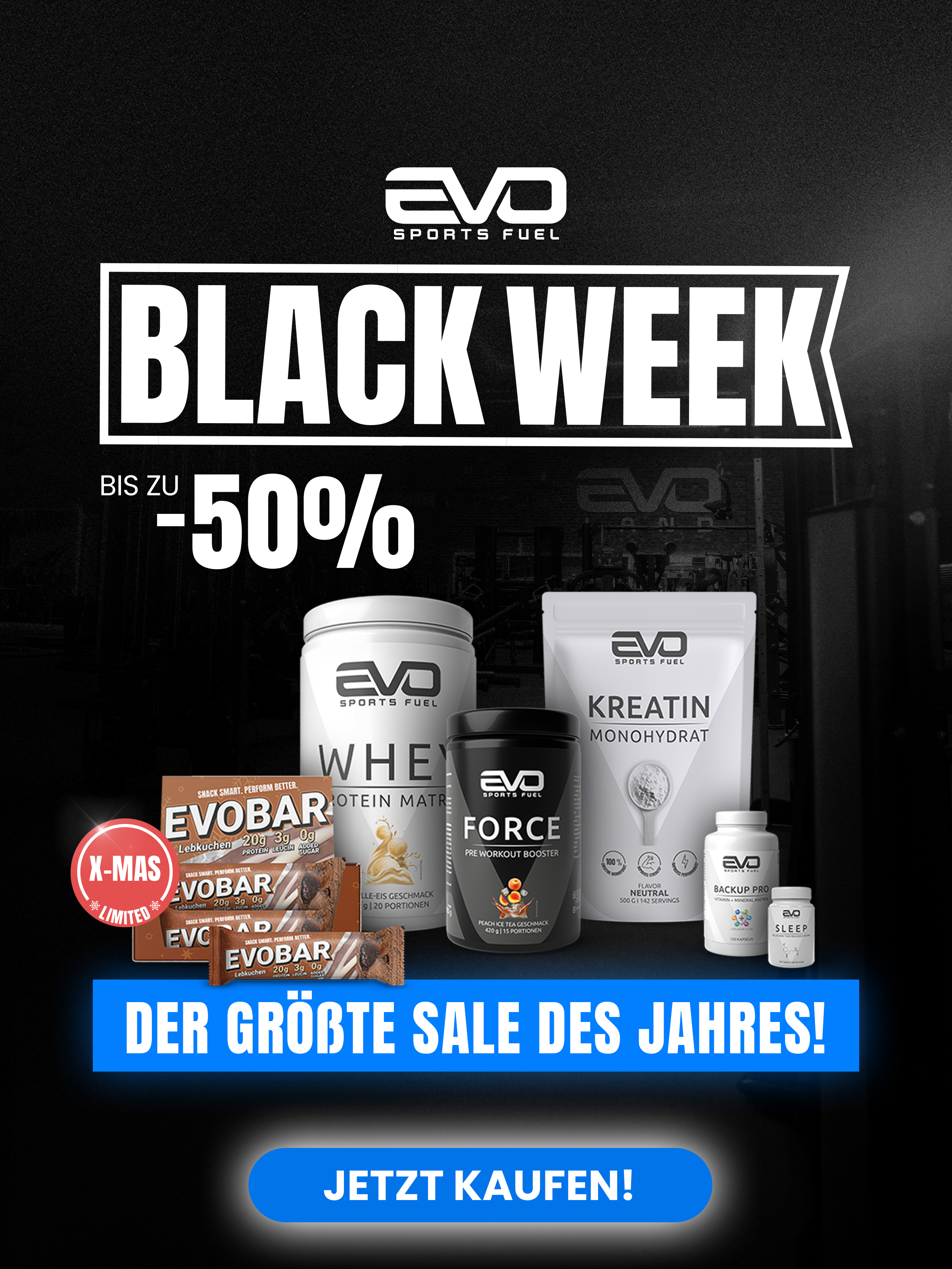 EVO SPORTS FUEL Black Week Mobile Banner mit bis zu 50 % und Produktauswahl.