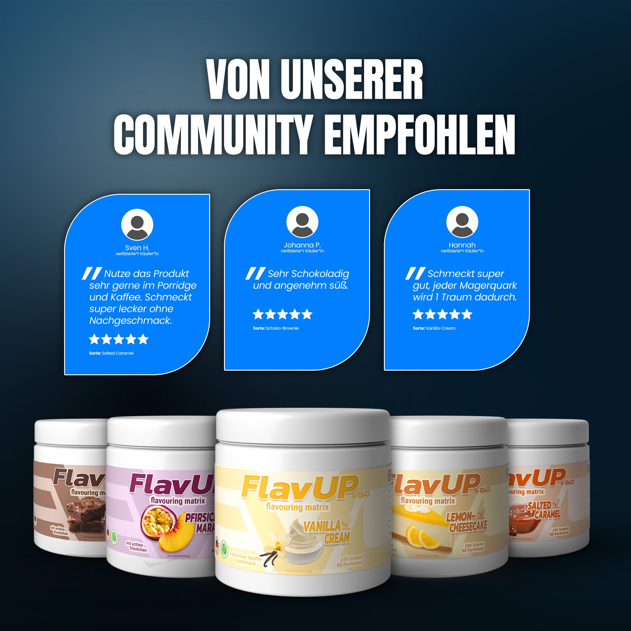 Positive Kundenbewertungen zu FlavUP Geschmackspulver für cremigen Geschmack ohne Zucker, besonders lecker in Joghurt, Quark und Kaffee.