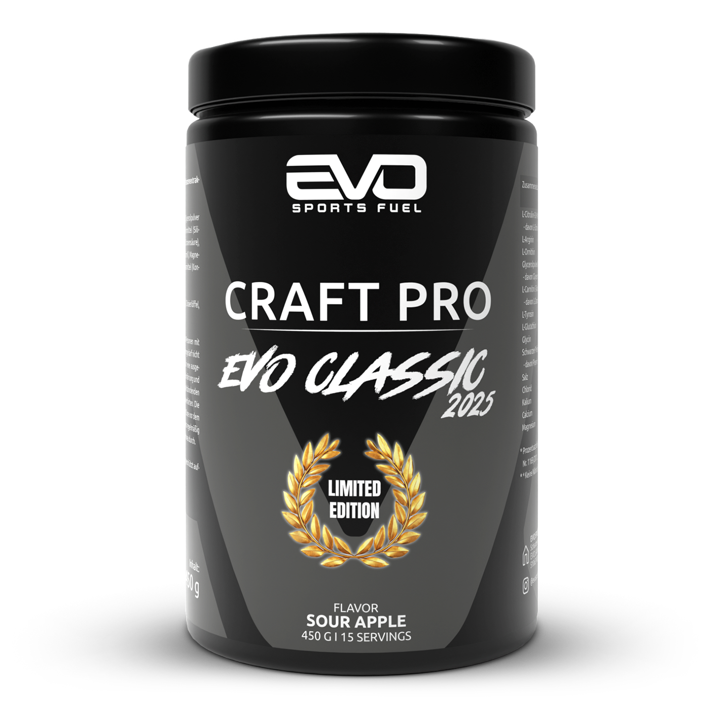 EVO SPORTS FUEL Pump Booster Pre Workout – CRAFT PRO Pump Formula Peach Ice Tea Geschmack in schwarzer Dose