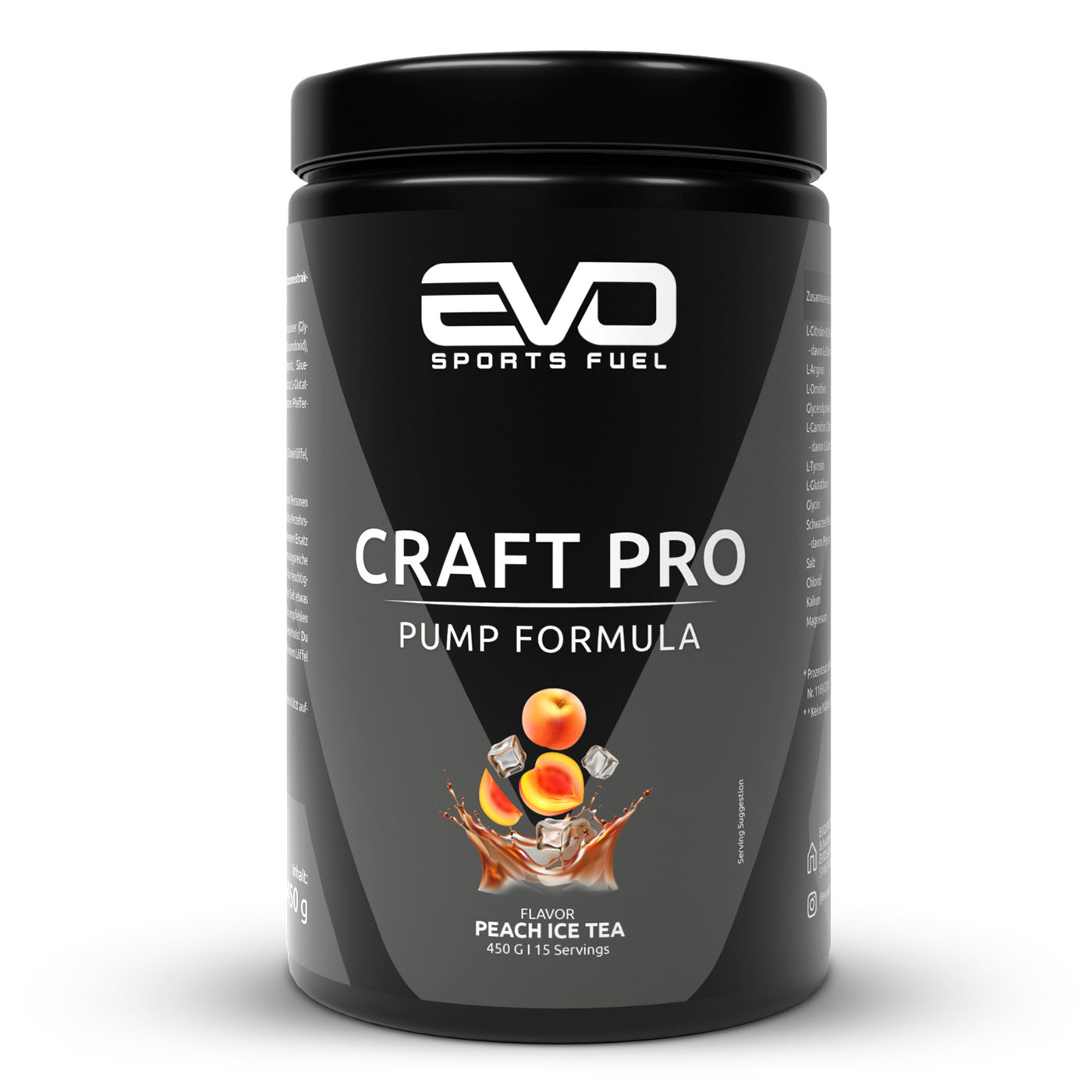 EVO SPORTS FUEL Pump Booster Pre Workout – CRAFT PRO Pump Formula Peach Ice Tea Geschmack in schwarzer Dose