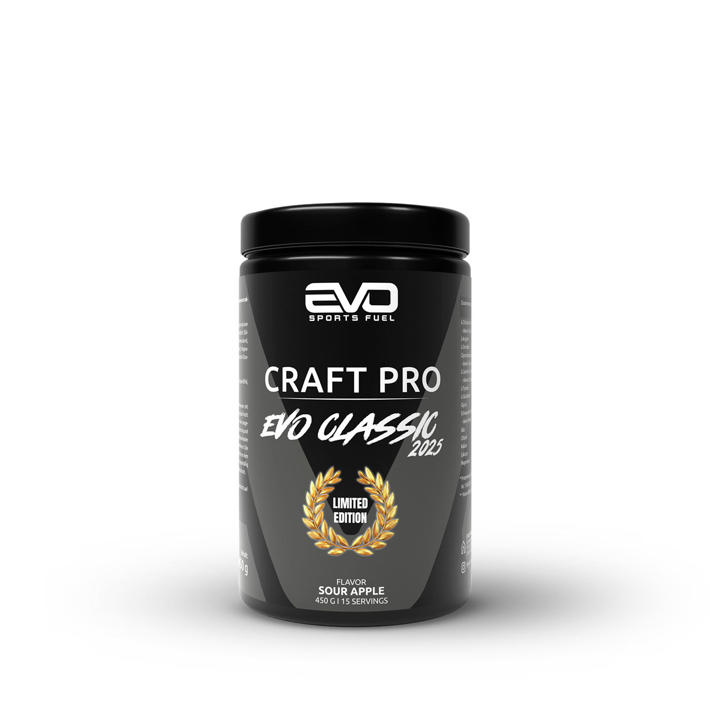 Produktbild des EVO SPORTS FUEL Craft Pro Pump Booster Sour Apple Limited Edition: schwarze Dose mit Limited-Edition-Design, fotografiert vor hellem Hintergrund, Pre-Workout Booster ohne Koffein, limitiert verfügbar.