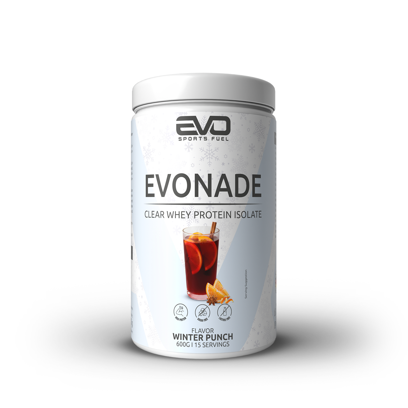 EVONADE Clear Whey Protein Isolate von EVO SPORTS FUEL in der Geschmacksrichtung Winter Punch. Die Dose zeigt ein winterliches Design mit Schneeflocken und einem Glas rotem Winterpunsch mit Orangenscheiben und Sternanis.