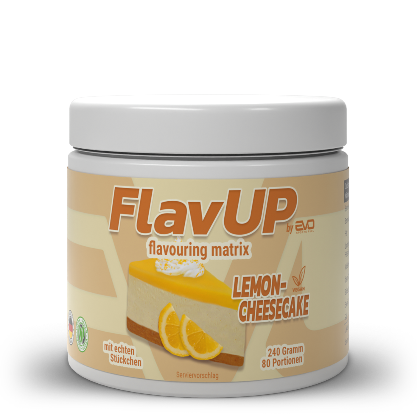 EVO SPORTS FUEL kalorienarmes Geschmackspulver FlavUP Lemon Cheesecake – Flavour Powder mit Zitronen-Cheesecake-Geschmack